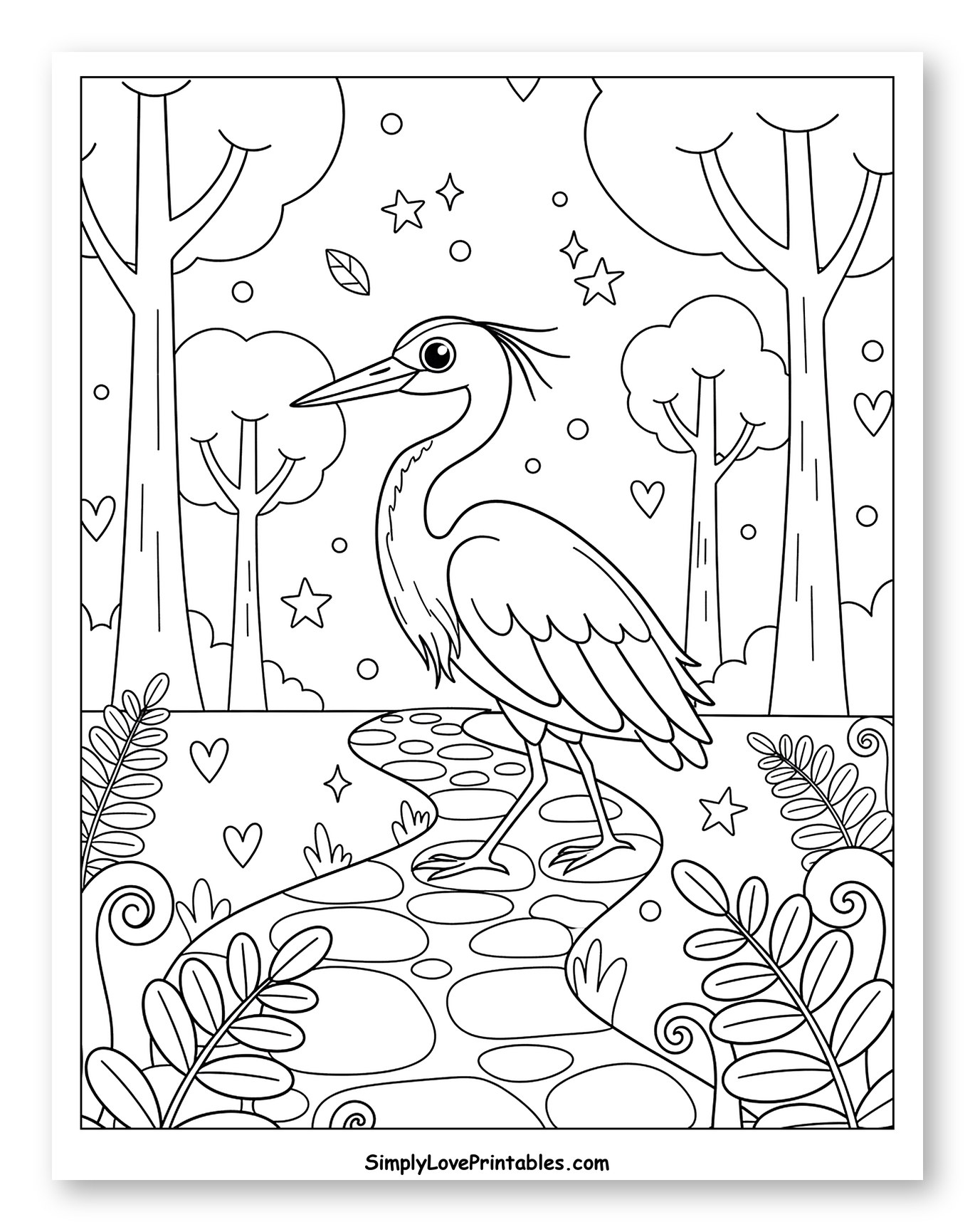 Whimsical Heron Walking on a Stone Path