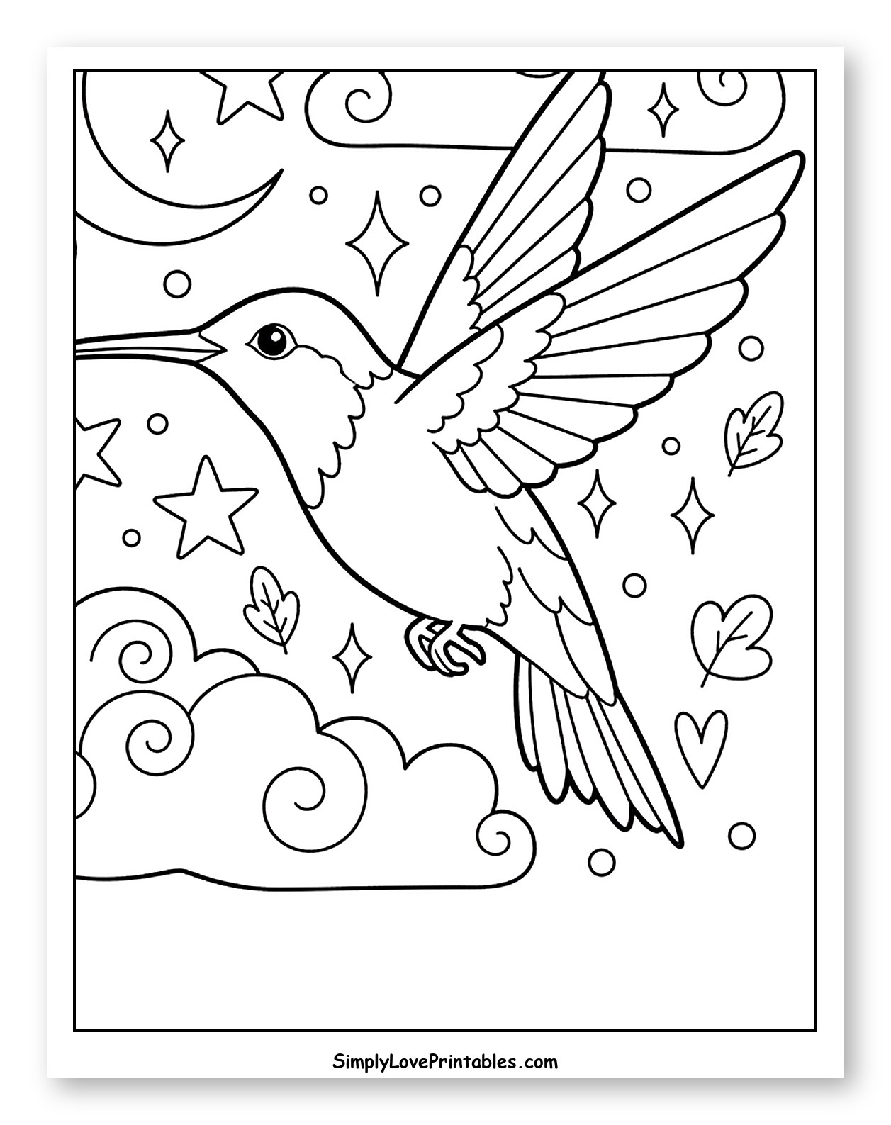 Whimsical Hummingbird with Moon, Stars, and Clouds Coloring Page for Adults