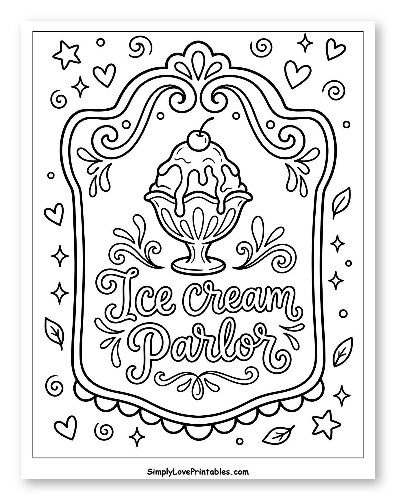 Whimsical Ice Cream Parlor Sign with Sundae to Color for Adults