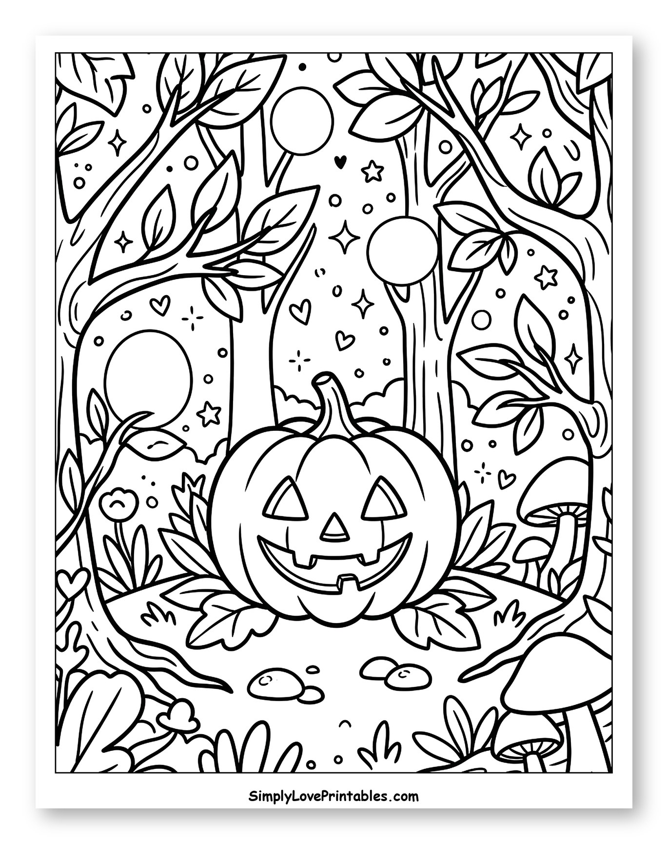Whimsical Jack-o'-lantern in a Spooky Forest Coloring Page for Adults