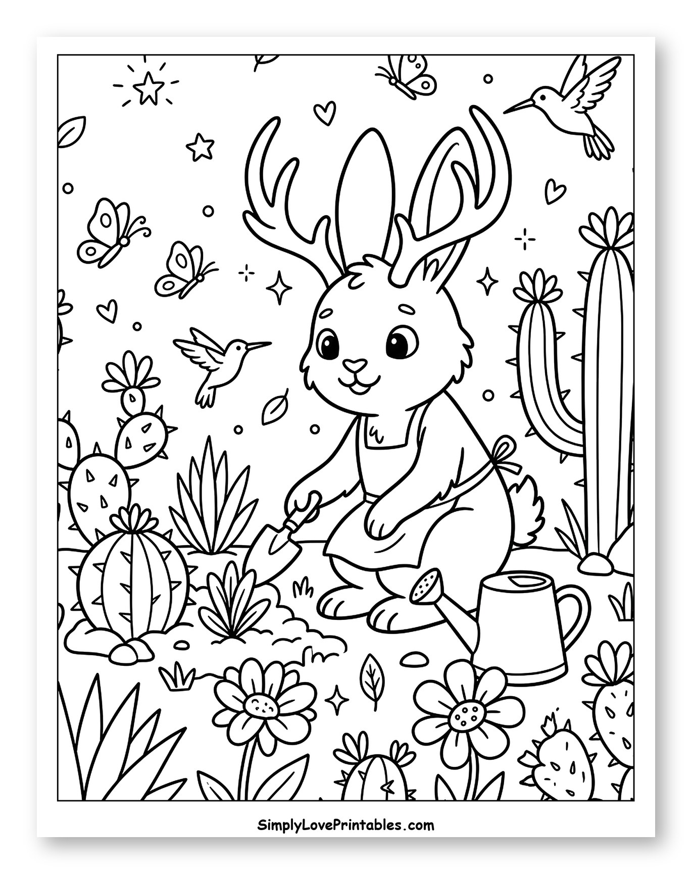Whimsical Jackalope Tending Cacti and Flowers