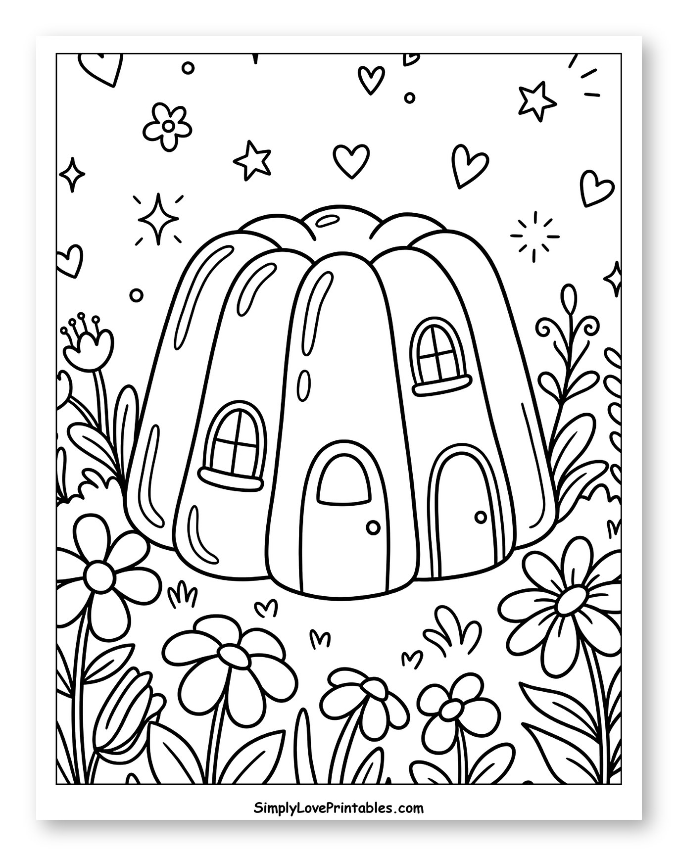 Whimsical Jello House with Garden and Stars Coloring Page for Adults