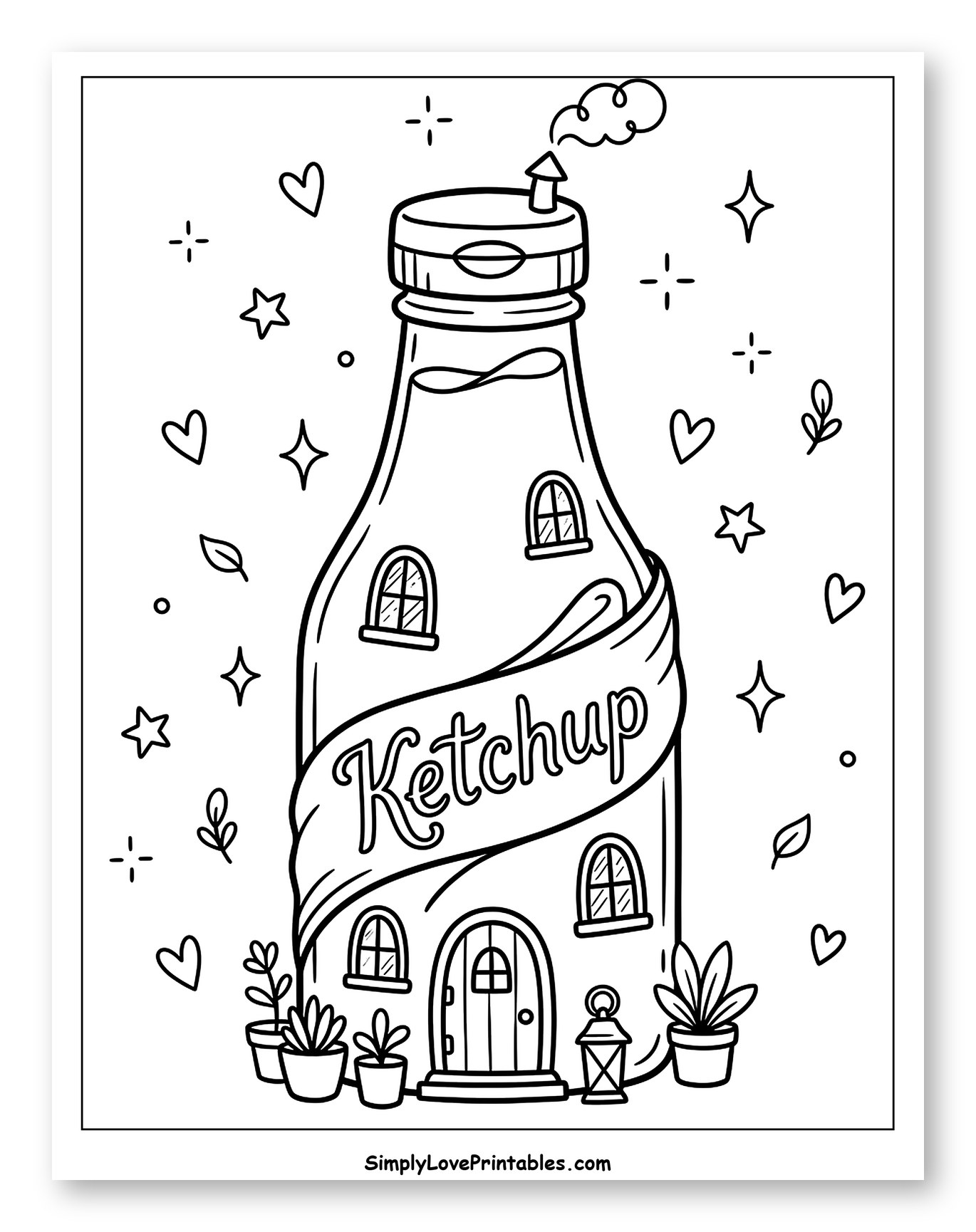 Whimsical Ketchup Bottle House with Potted Plants Coloring Page for Adults