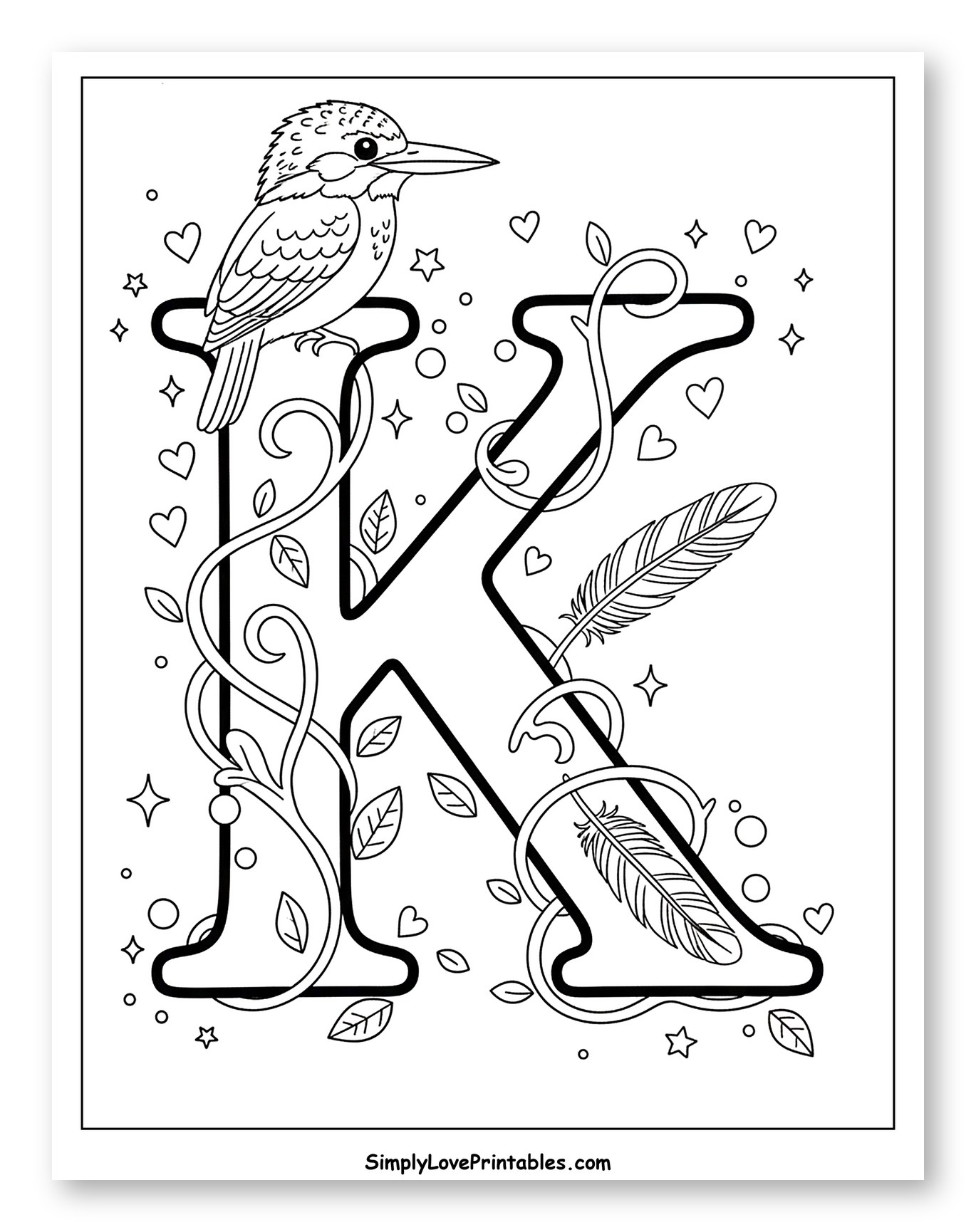 Whimsical Kingfisher Perched on Ornate Letter K