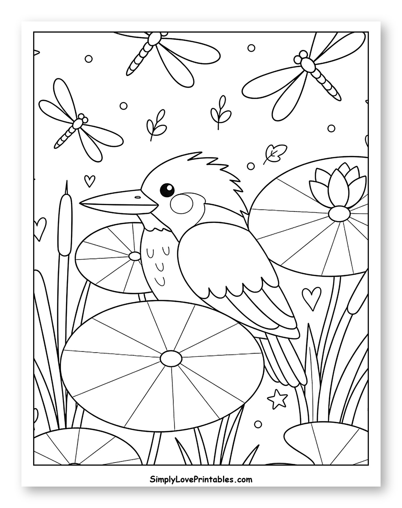 Whimsical Kingfisher with Dragonflies and Lily Pads