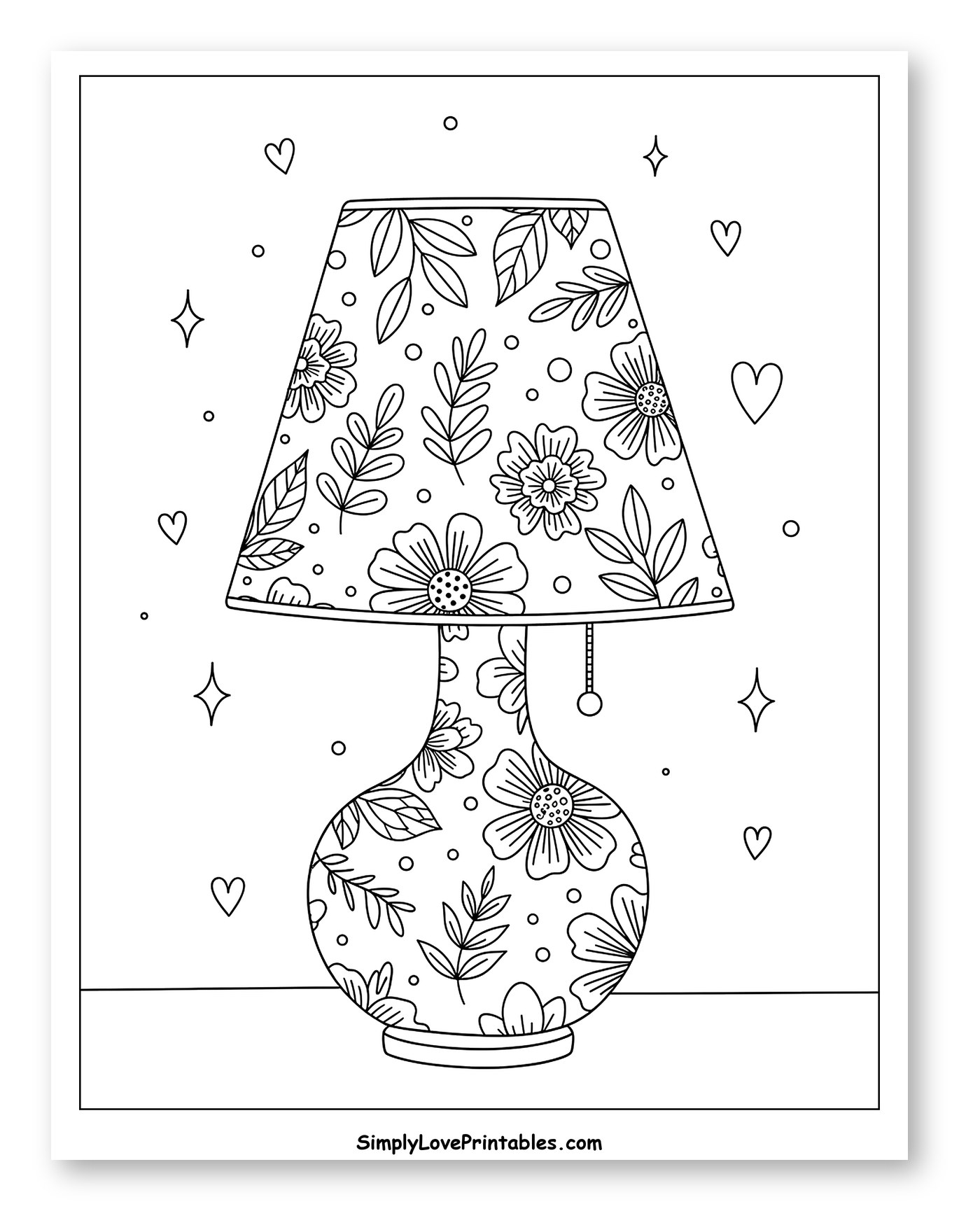 Whimsical Lamp with Flowers and Hearts Coloring Sheet for Adults
