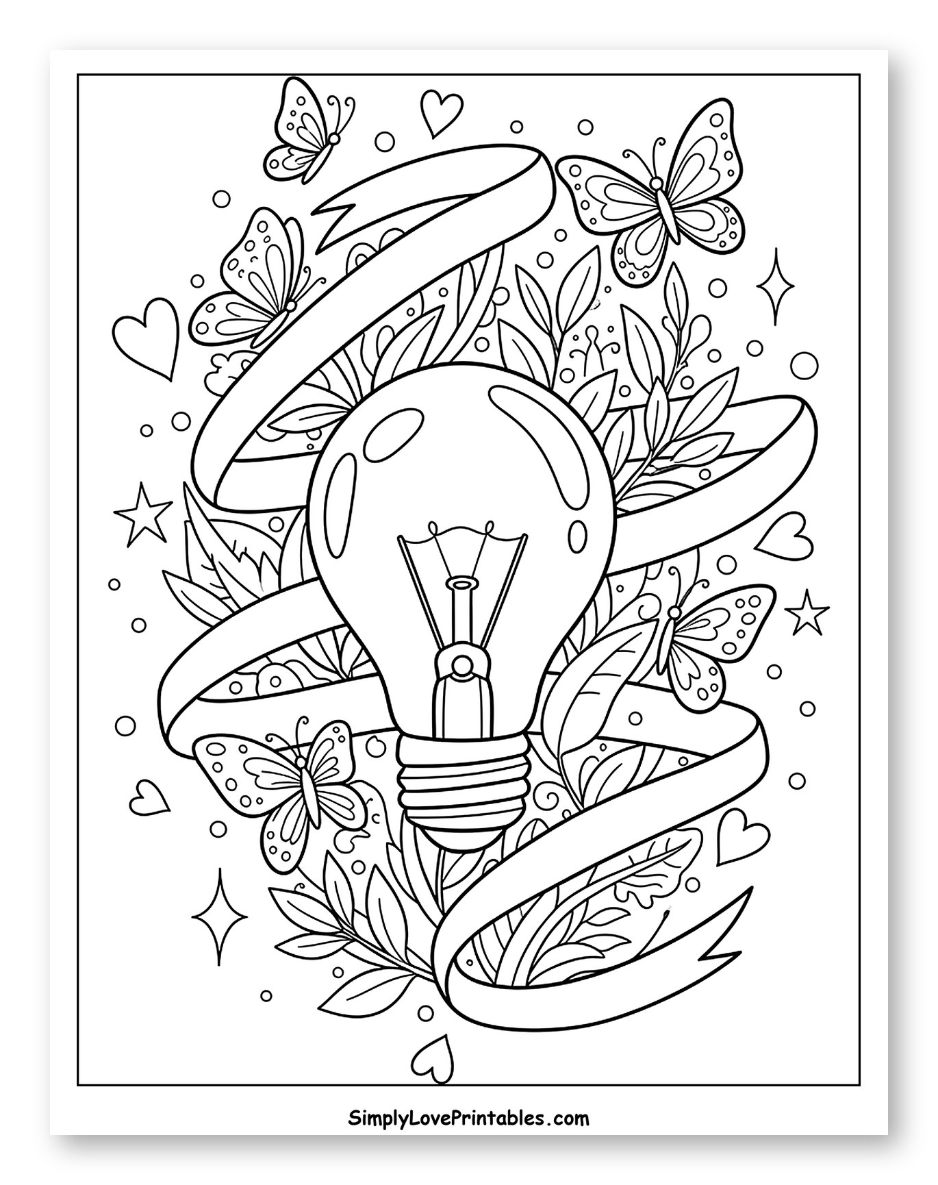 Whimsical Light Bulb with Butterflies and Hearts Coloring Page for Adults