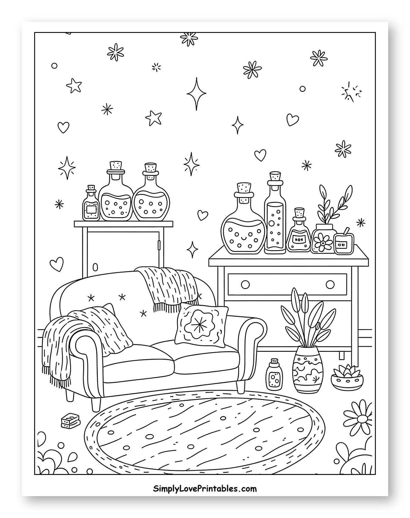Whimsical Living Room with Sofa, Bottles, and Stars Coloring Page for Adults