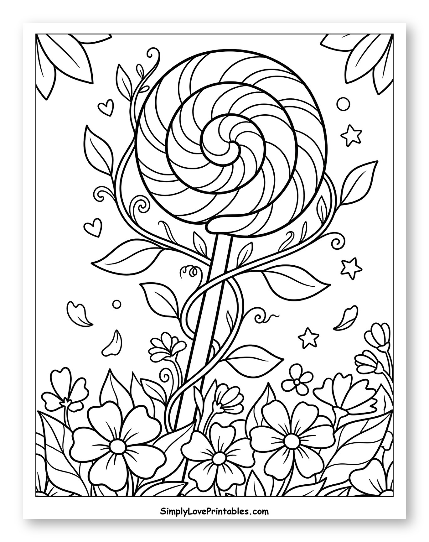Whimsical Lollipop Amidst a Floral Scene Coloring Sheet for Adults