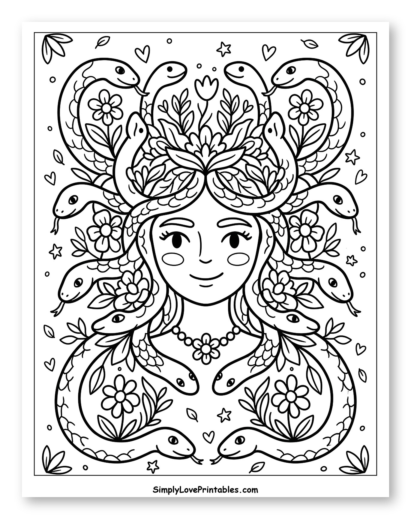 Whimsical Medusa with Flowering Snakes and Hearts