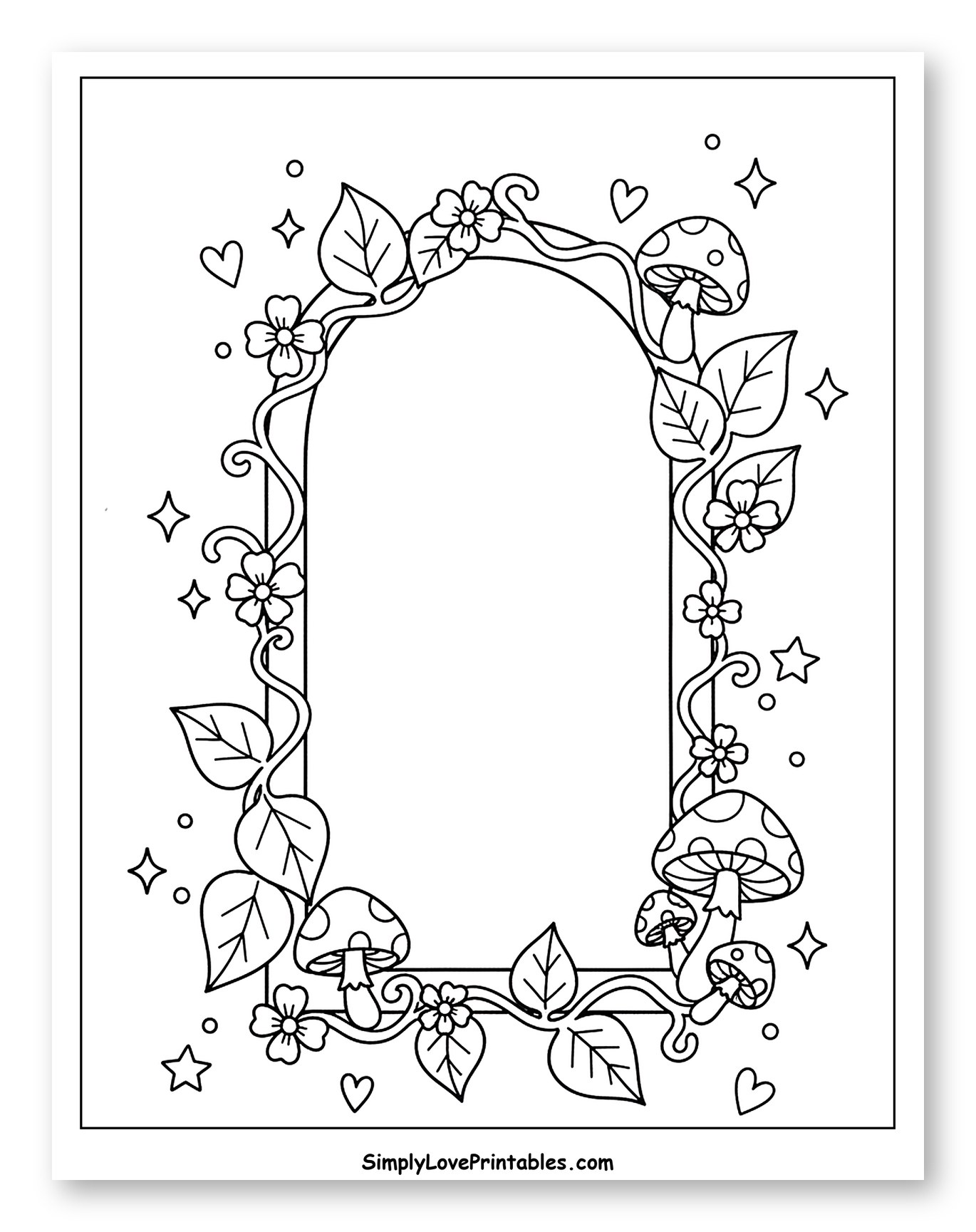 Whimsical Mushroom and Floral Arch Frame Coloring Page for Adults
