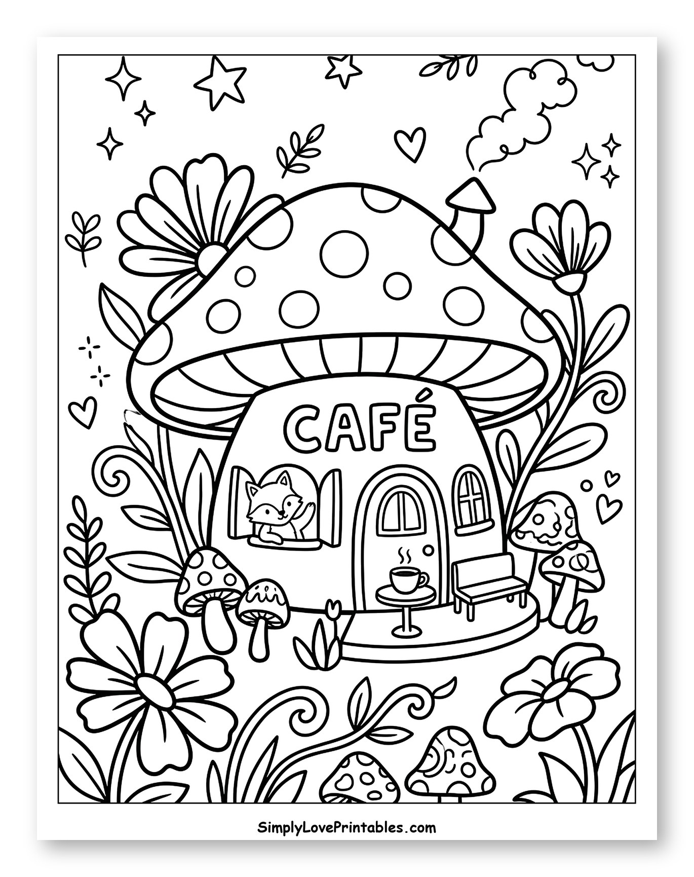 Whimsical Mushroom Cafe with a Fox Customer Coloring Page for Adults