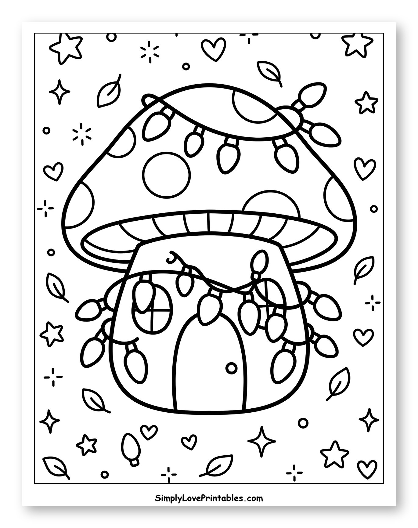Whimsical Mushroom Cottage with Christmas Lights Coloring Page for Adults