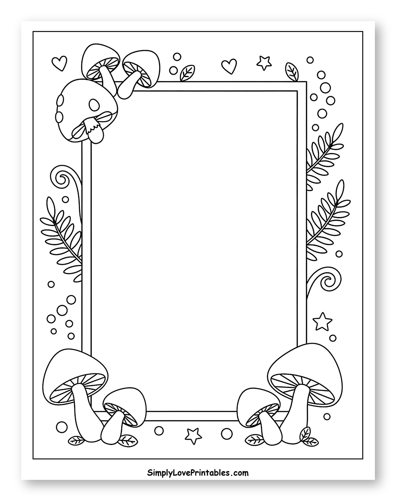 Whimsical Mushroom Frame with Leaves Coloring Sheet for Adults