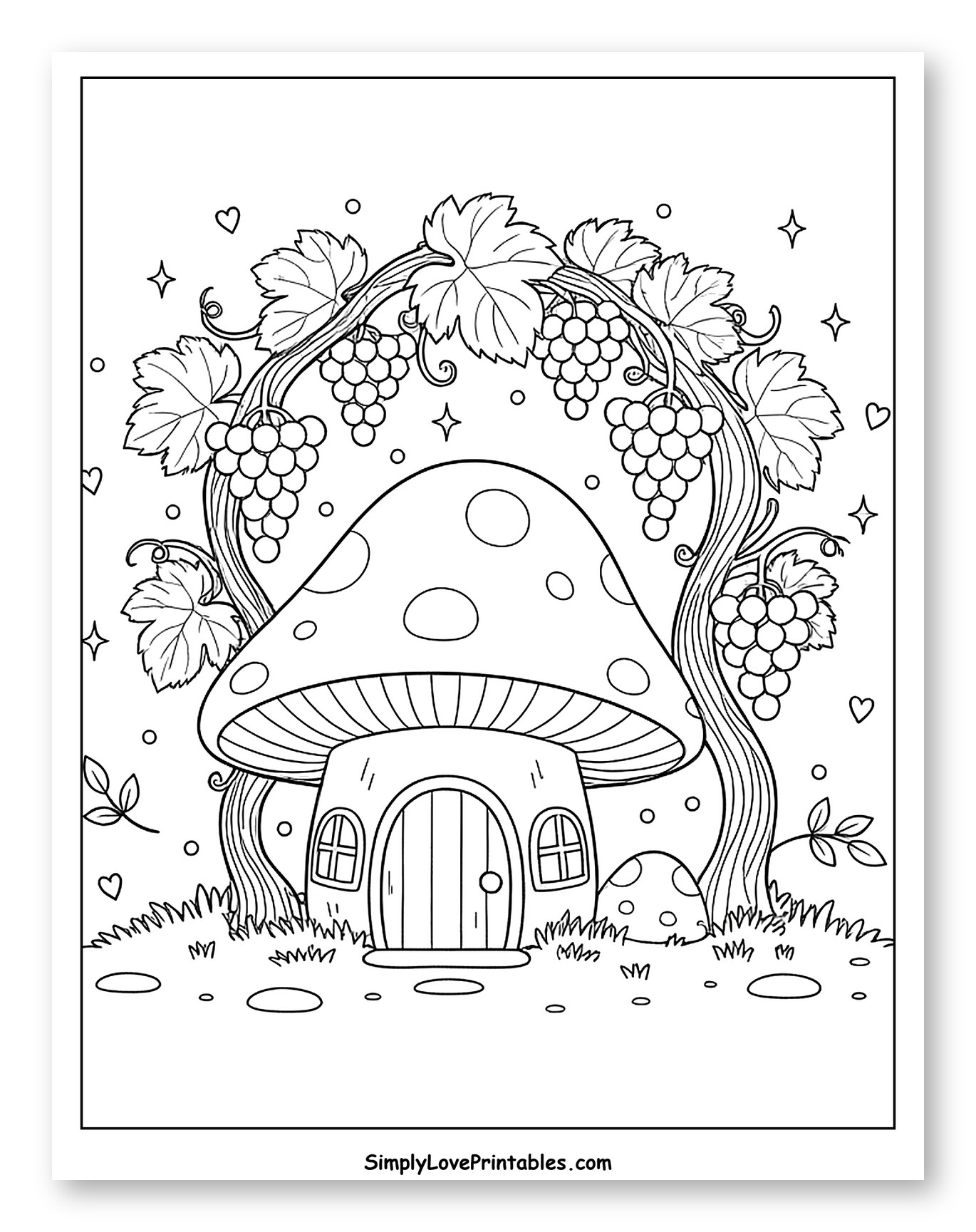 Whimsical Mushroom Home with Grape Clusters