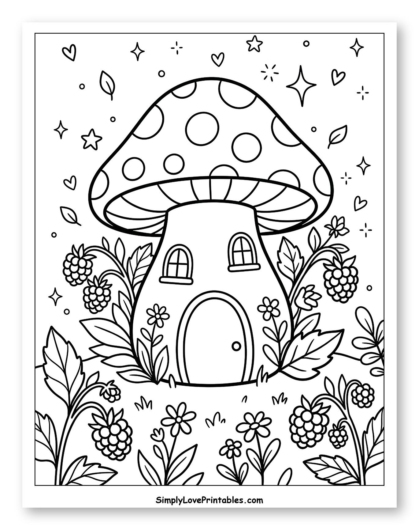 Whimsical Mushroom Home with Raspberry Garden Coloring Sheet for Adults
