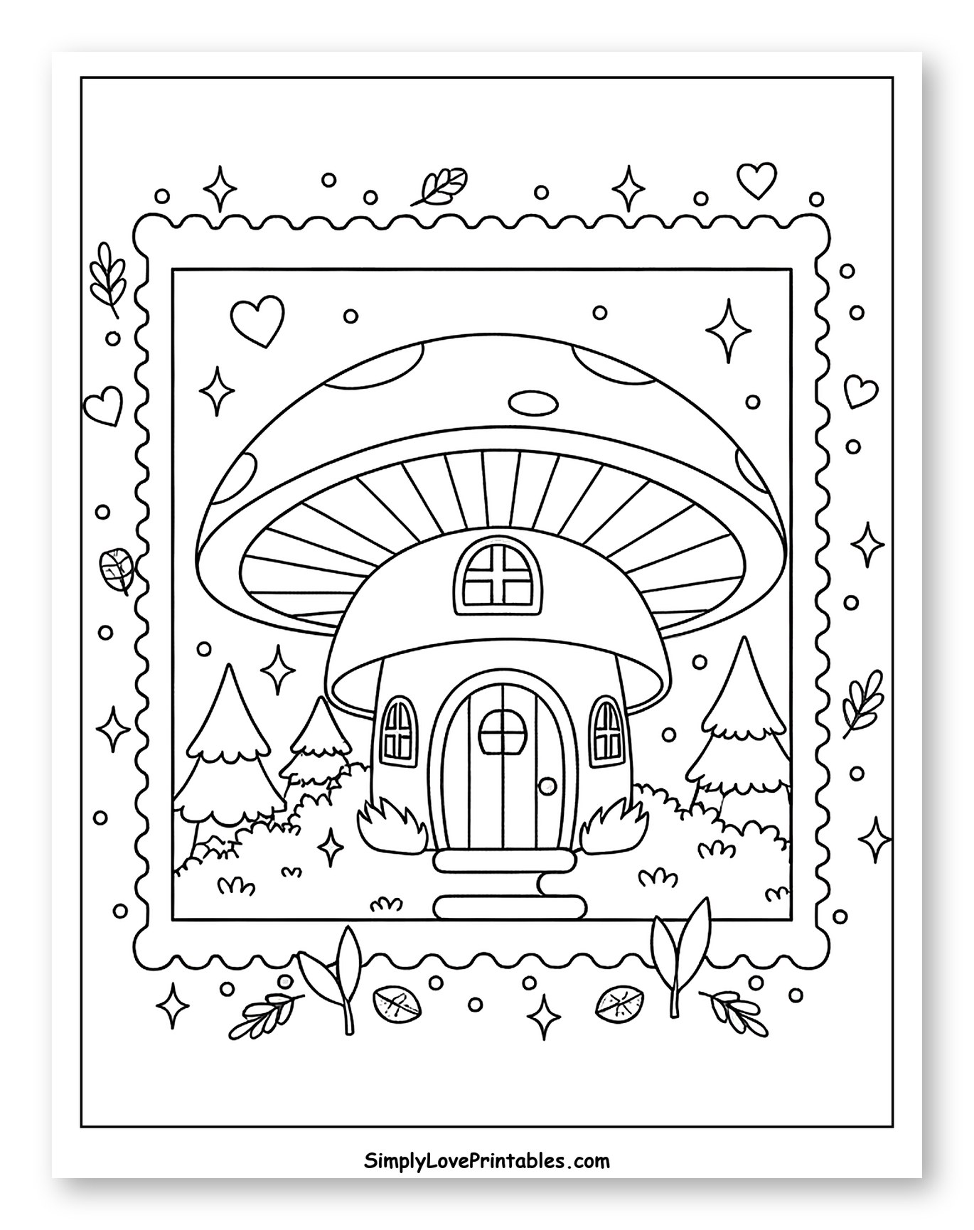 Whimsical Mushroom House with Nature Frame Coloring Sheet for Adults