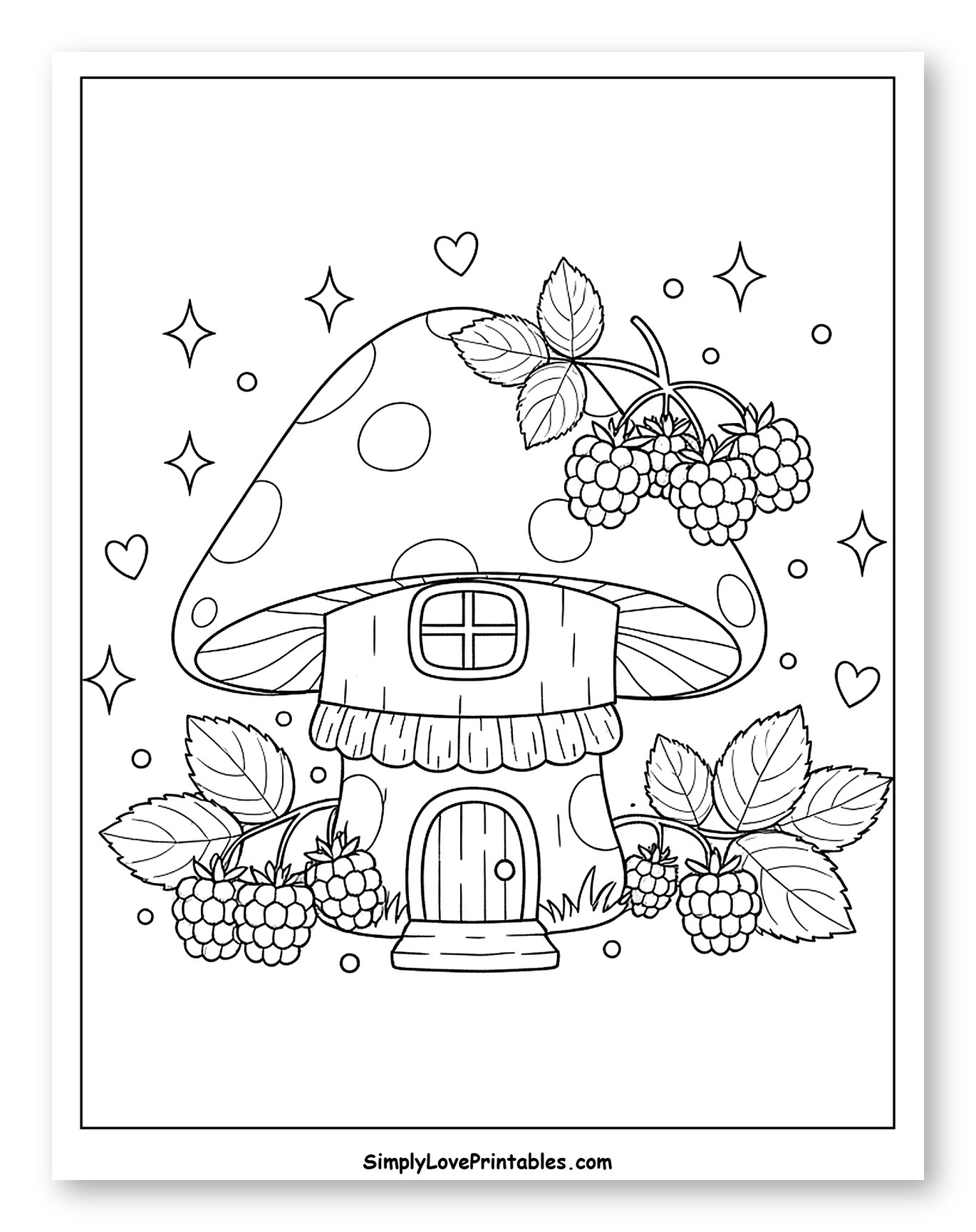 Whimsical Mushroom House with Raspberry Bushes