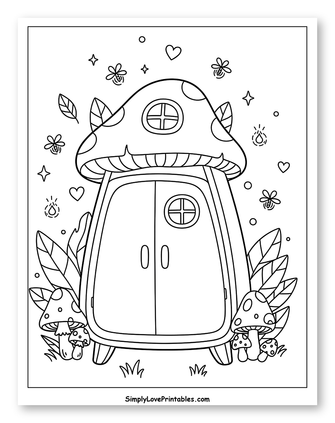 Whimsical Mushroom House with Stars and Fireflies Coloring Page for Adults