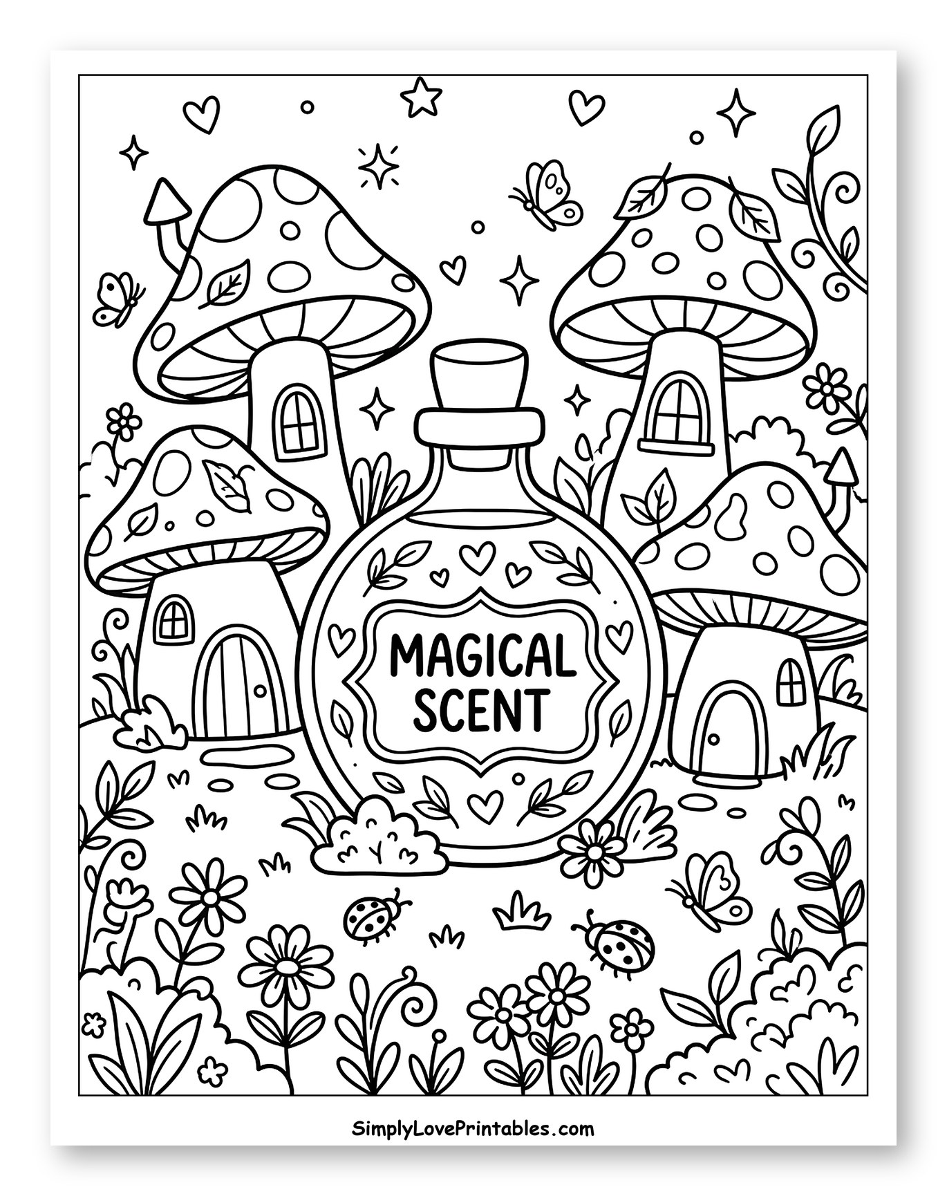 Whimsical Mushroom Houses and Magical Scent Bottle Coloring Sheet for Adults