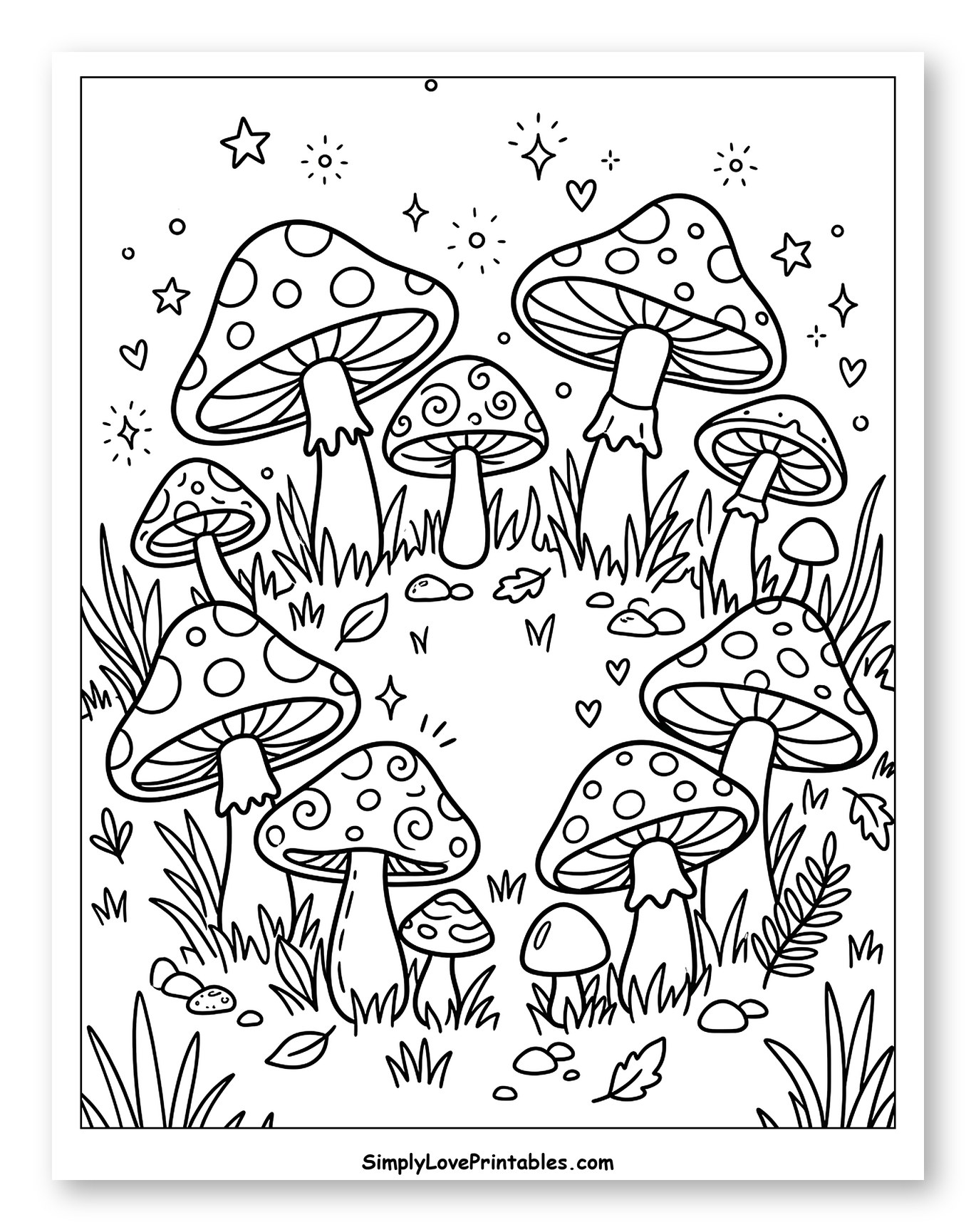 Whimsical Mushrooms and Stars in a Forest to Color for Adults