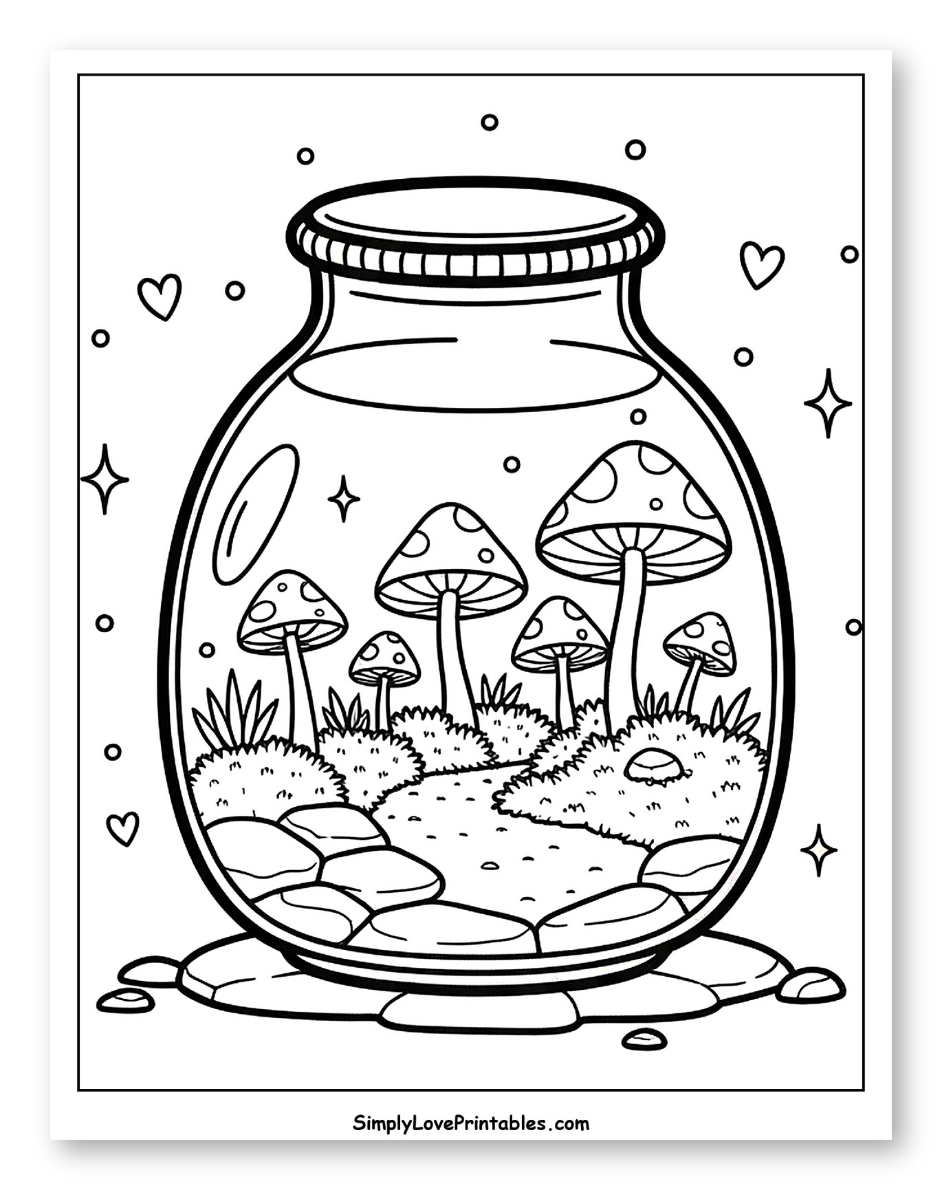 Whimsical Mushrooms in a Glass Jar to Color for Adults