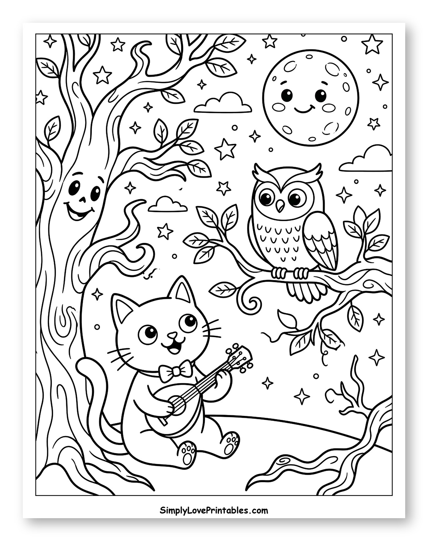 Whimsical Night Scene with Cat, Owl, and Moon to Color for Kids