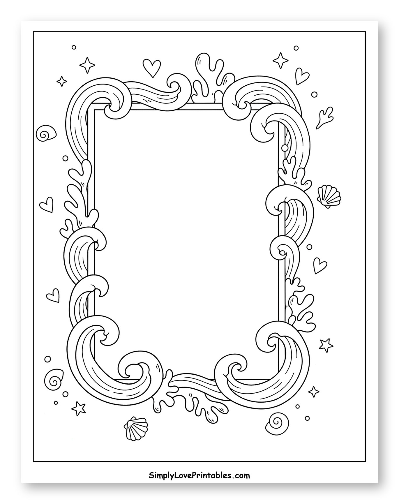 Whimsical Ocean Frame with Waves and Shells to Color for Adults