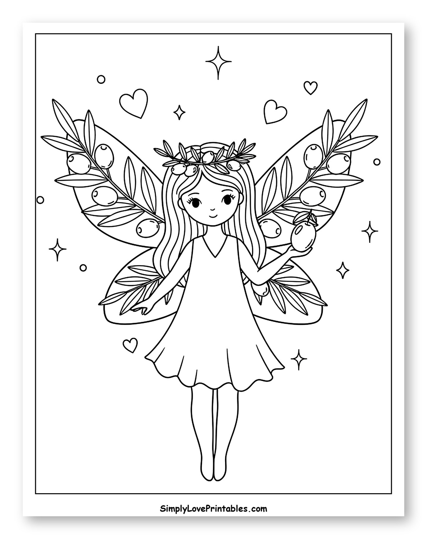 Whimsical Olive Fairy with Berry Crown Coloring Page for Adults