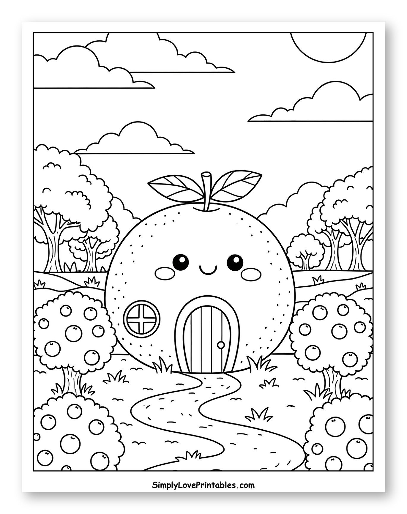 Whimsical Orange House in a Landscape Coloring Sheet for Kids
