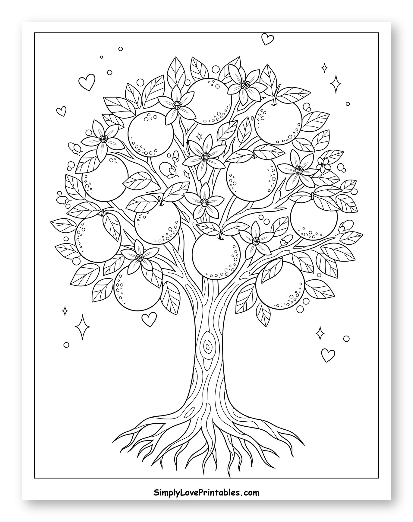 Whimsical Orange Tree with Hearts and Stars to Color for Adults