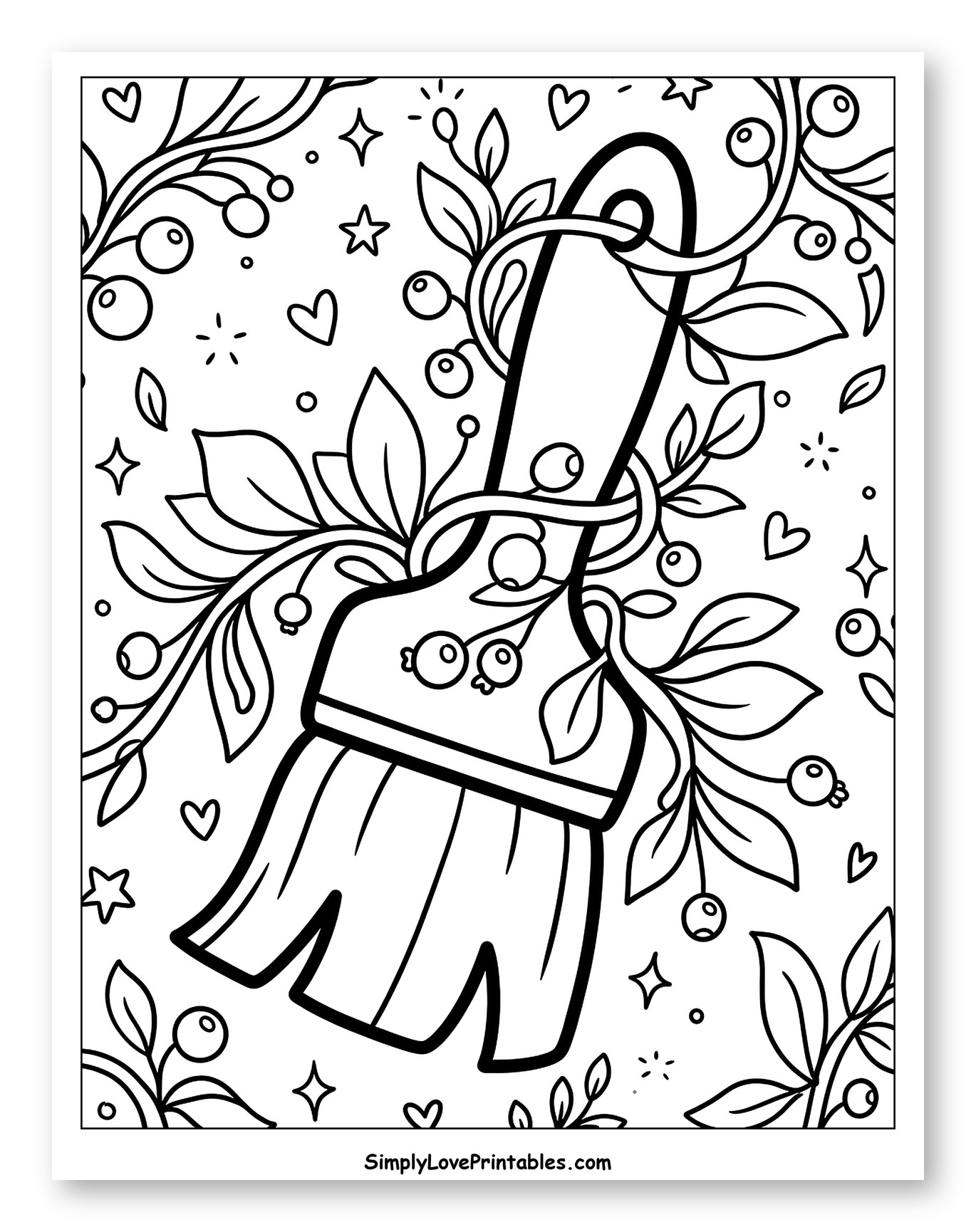 Whimsical Paintbrush with Berries and Twigs Coloring Sheet for Adults