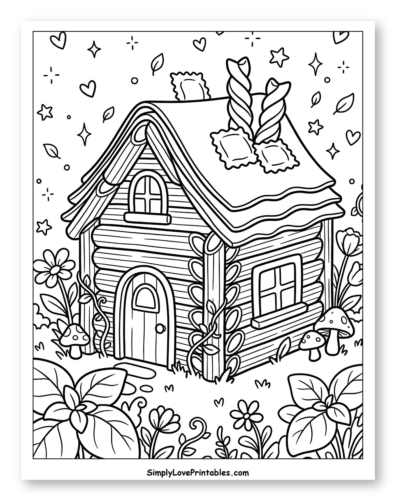 Whimsical Pasta Cottage in a Garden Coloring Page for Adults