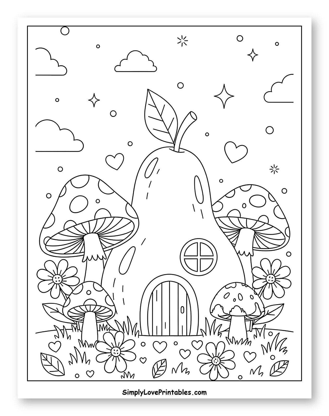 Whimsical Pear House with Mushrooms and Flowers