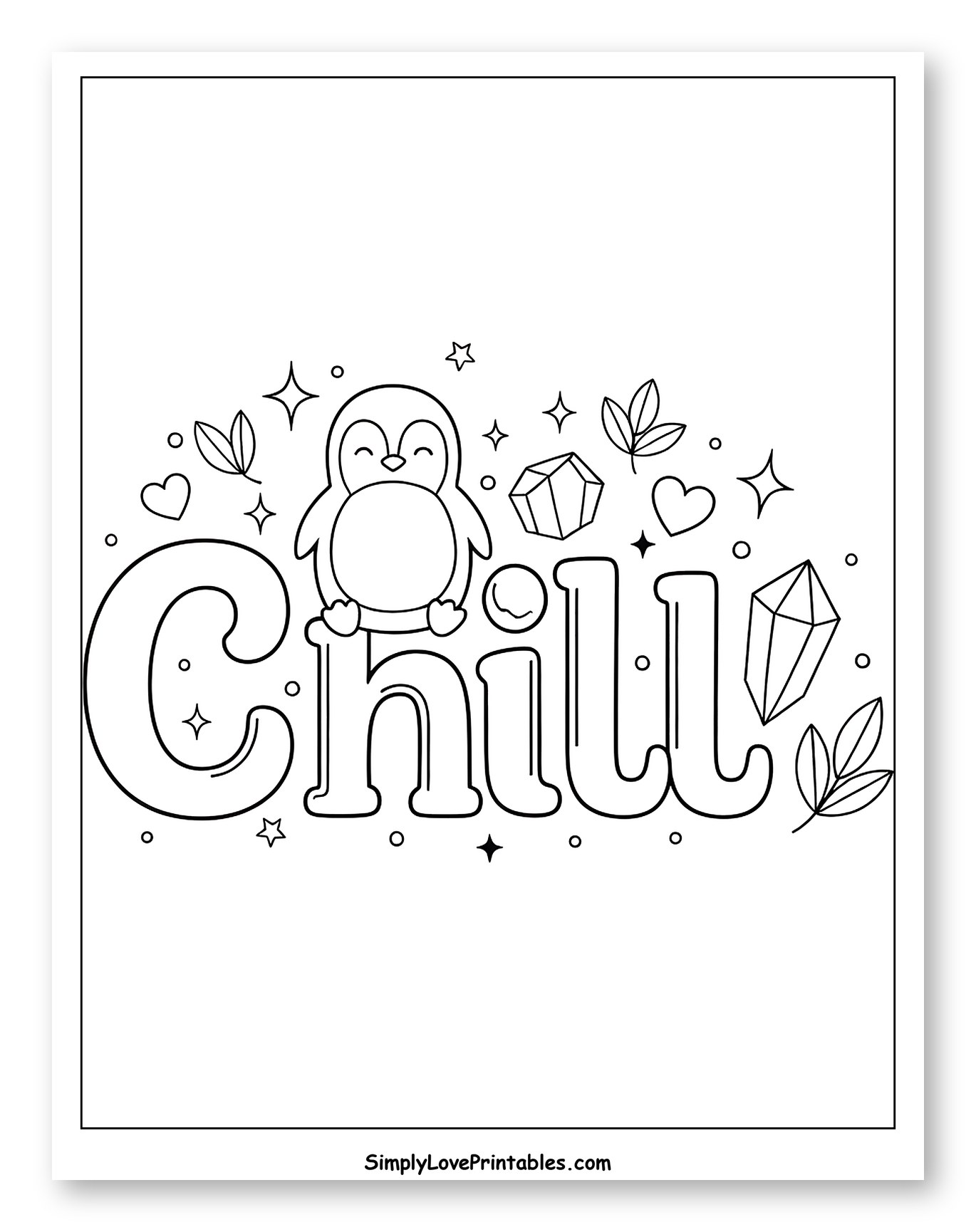 Whimsical Penguin on Chill Text with Crystals Coloring Sheet for Adults