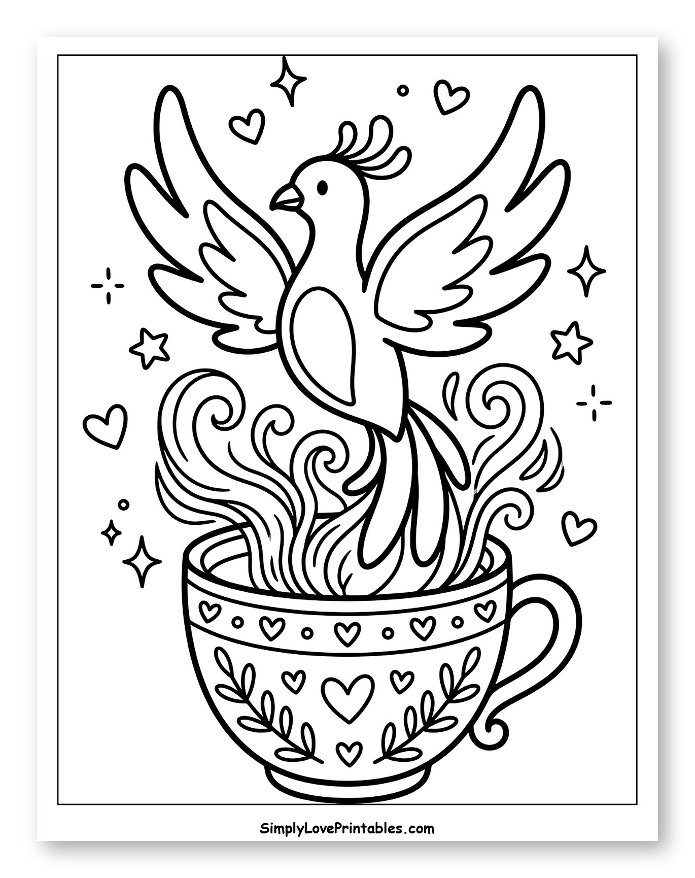 Whimsical Phoenix Emerging from a Teacup to Color for Adults