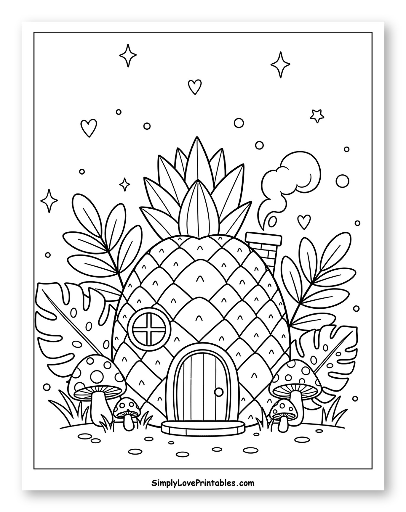 Whimsical Pineapple House with Mushrooms and Stars Coloring Sheet for Adults