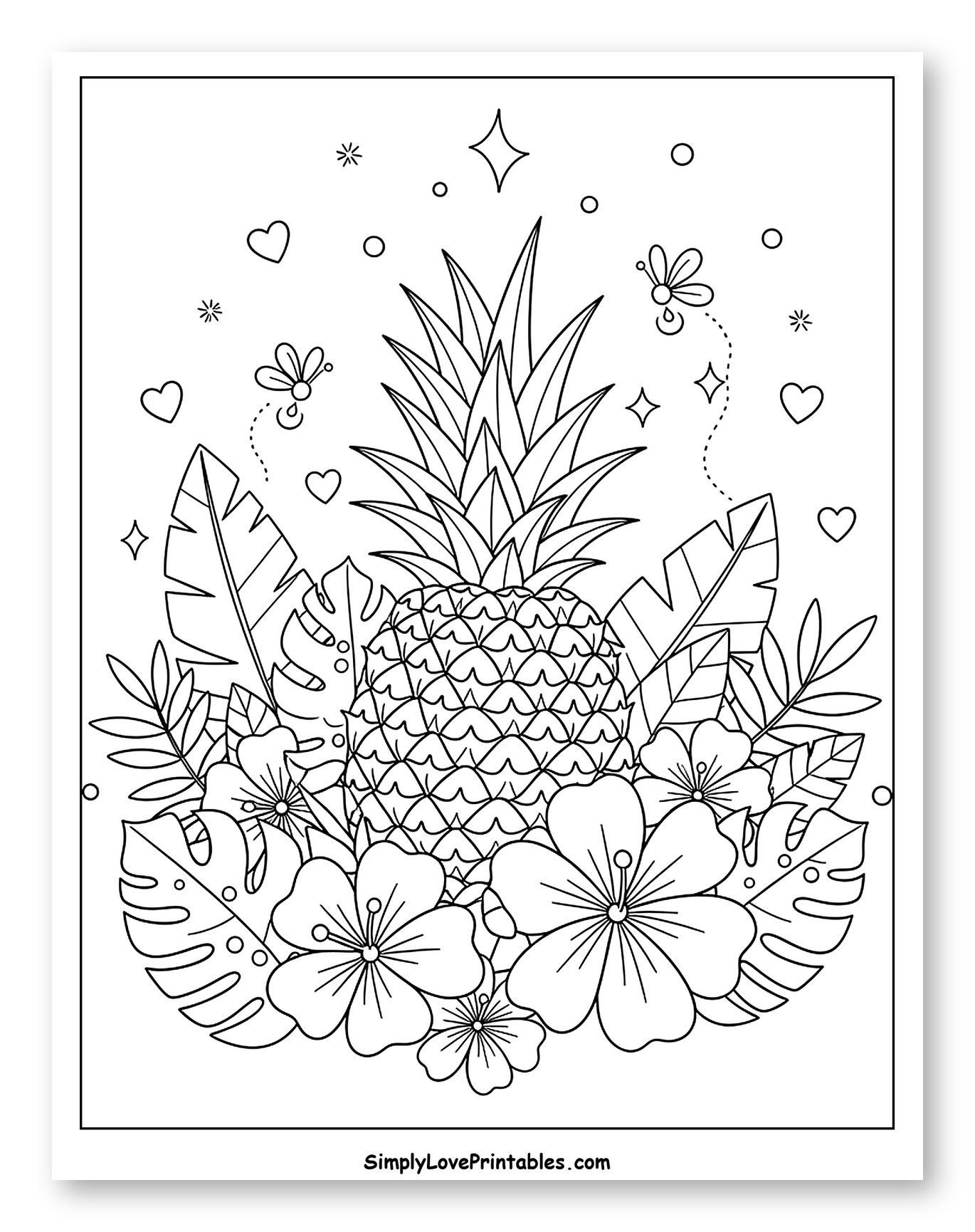 Whimsical Pineapple with Hearts and Tropical Flowers