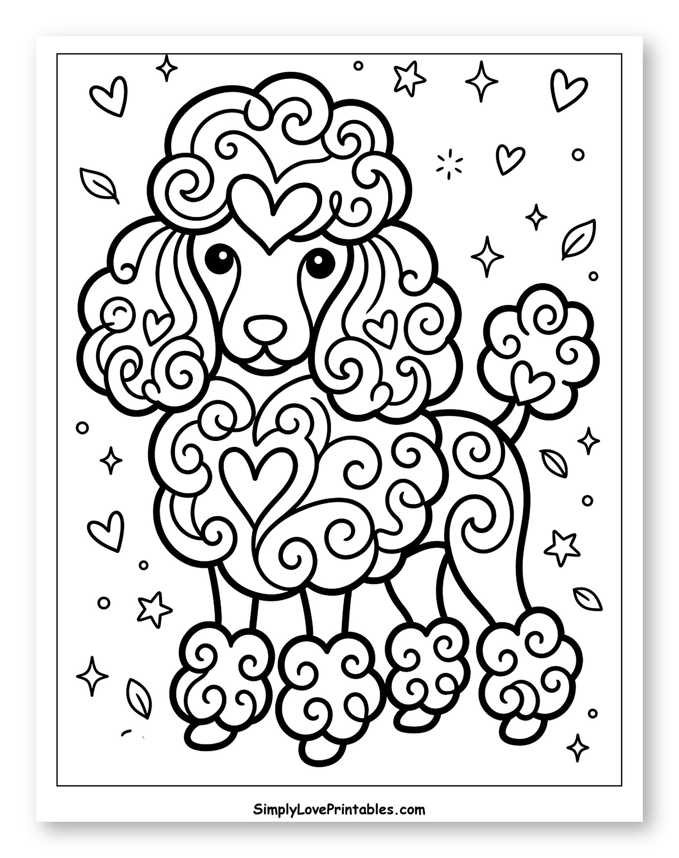 Whimsical Poodle with Heart-Shaped Fur Details to Color for Adults