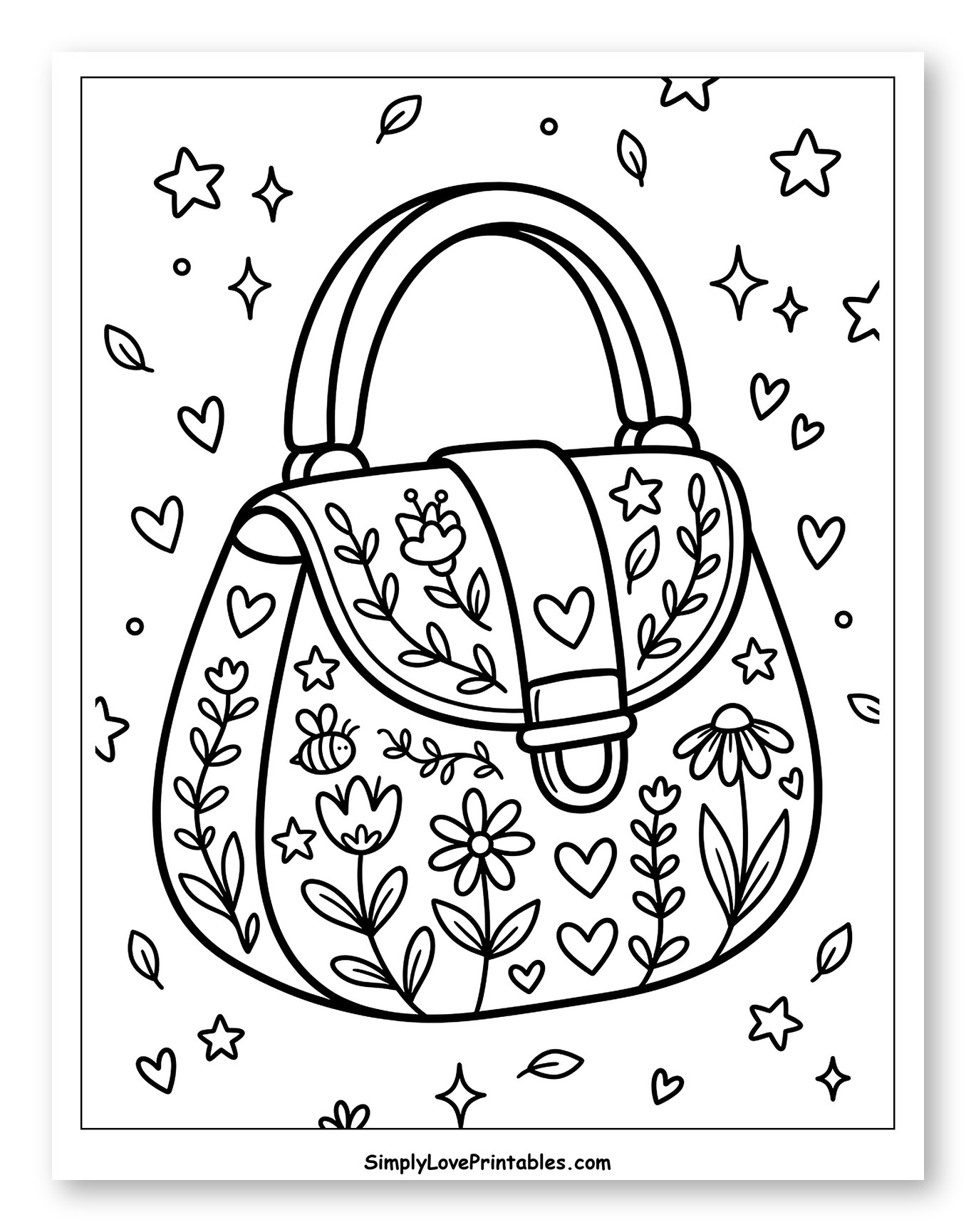 Whimsical Purse with Flowers, Hearts, and Bee Coloring Page for Adults