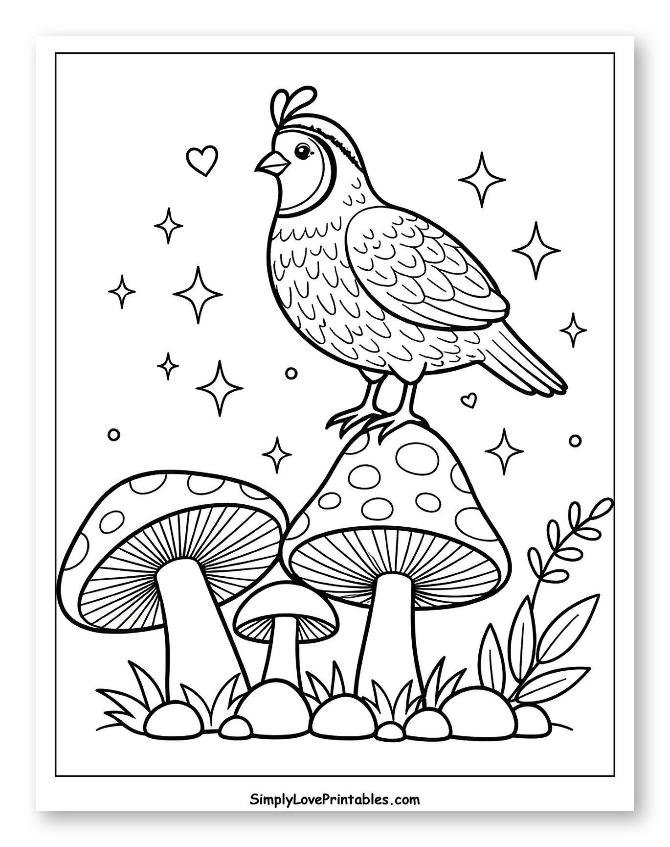 Whimsical Quail on Mushroom Forest Scene