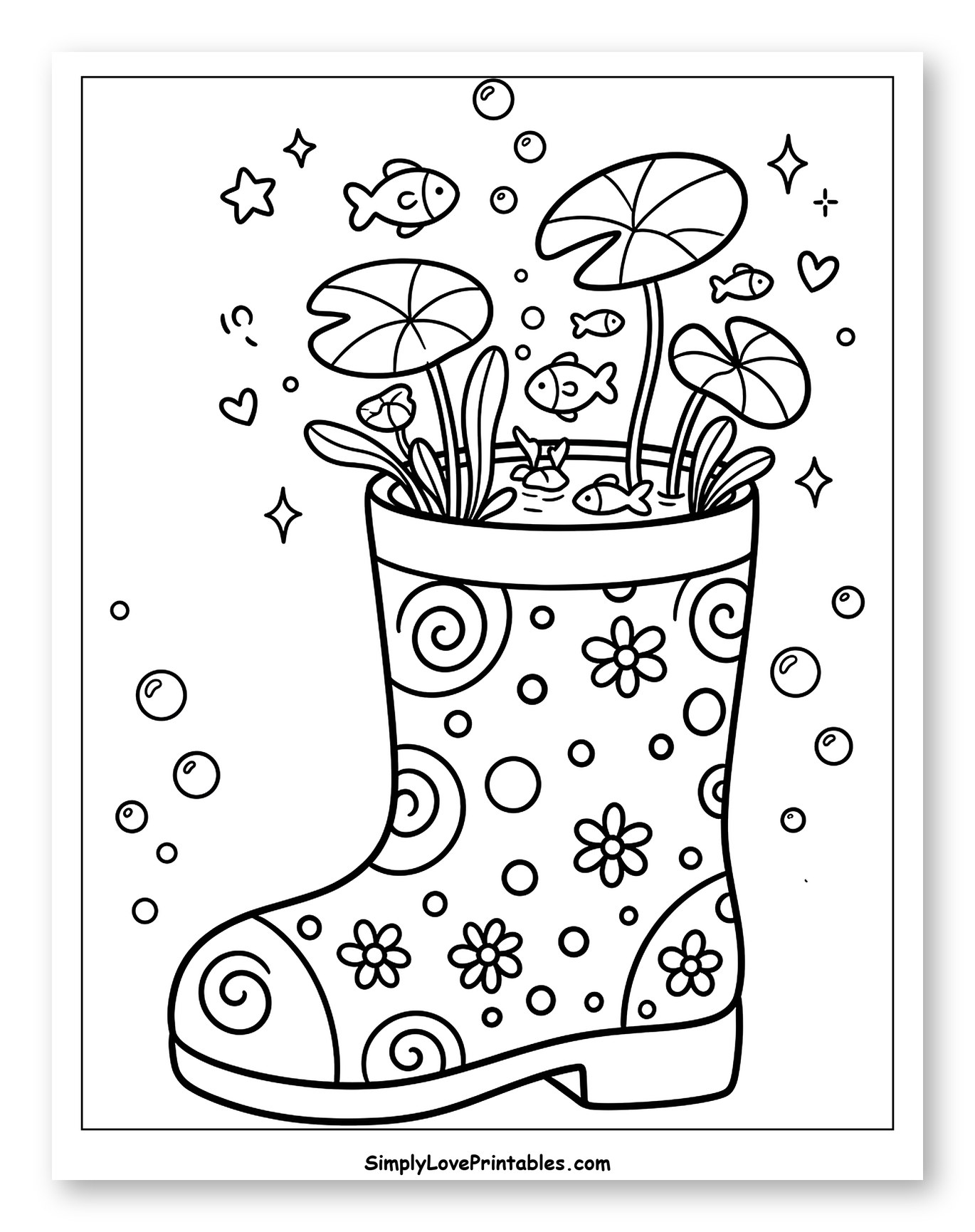 Whimsical Rain Boot Pond with Fish Coloring Sheet for Adults
