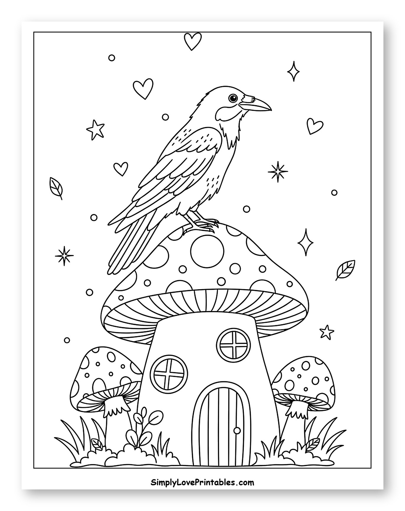 Whimsical Raven on a Mushroom Home Coloring Page for Adults