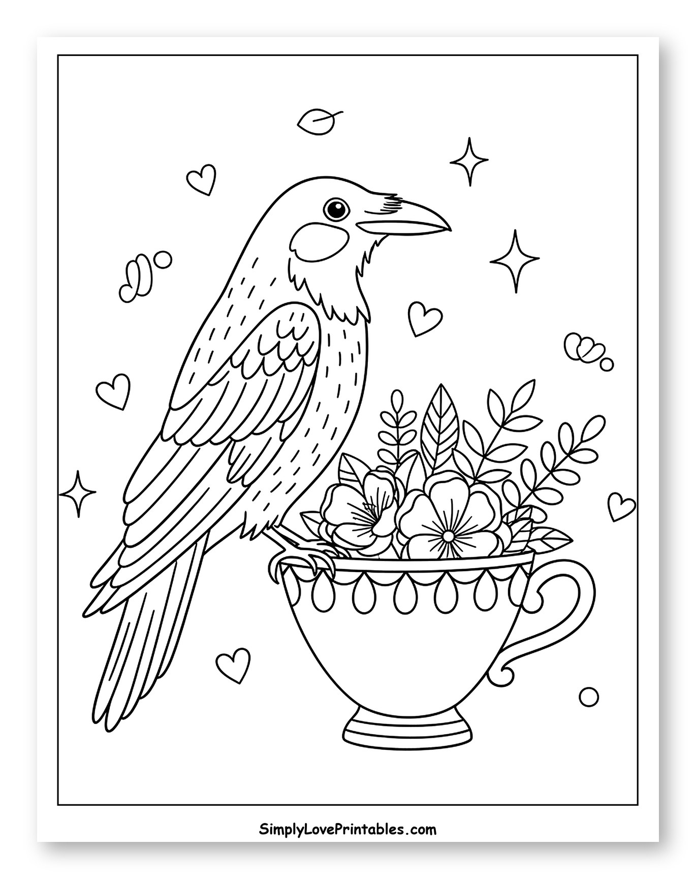 Whimsical Raven on Teacup with Floral Arrangement to Color for Adults