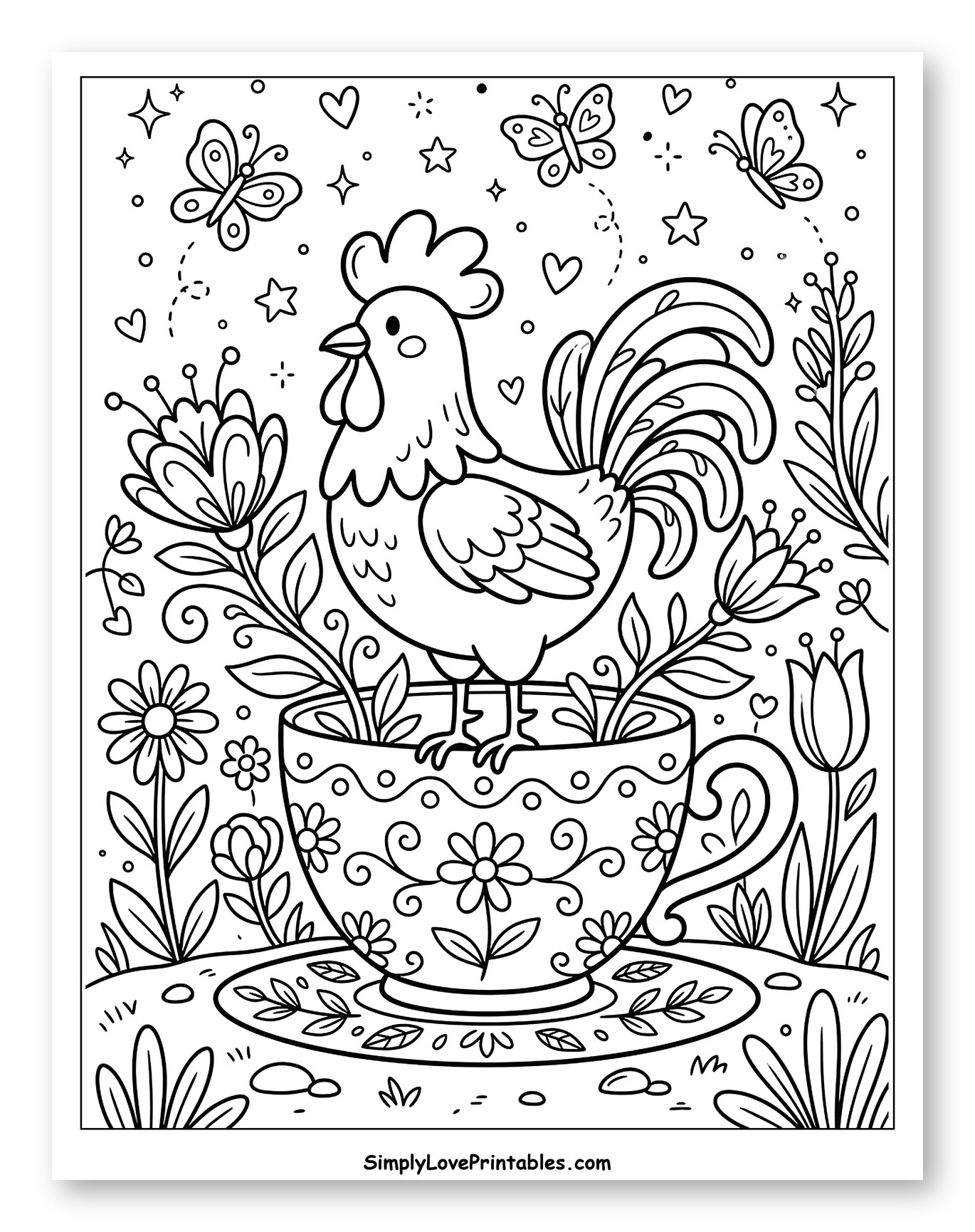 Whimsical Rooster in a Teacup Garden Coloring Page for Adults