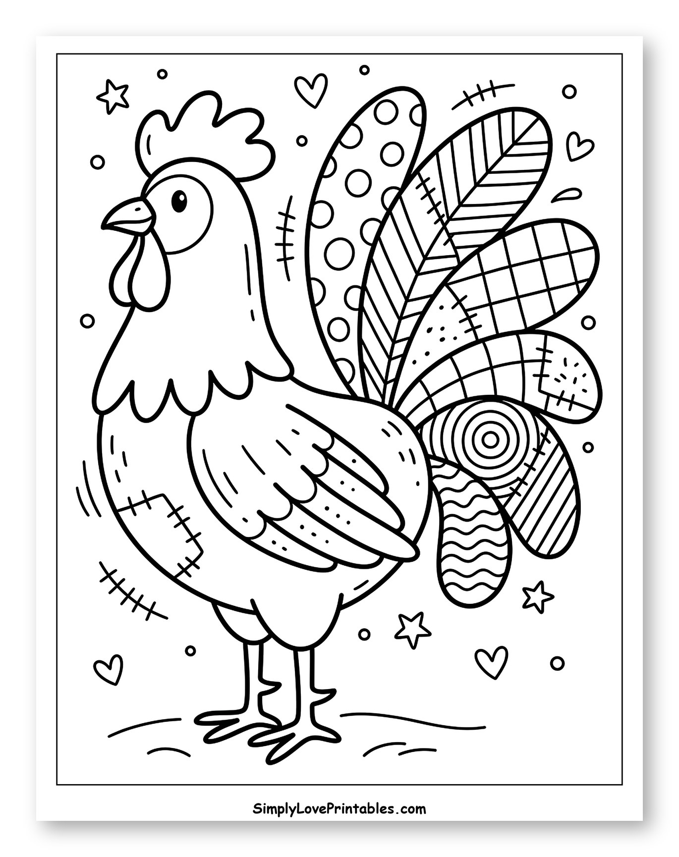 Whimsical Rooster with Decorative Tail Feathers Coloring Sheet for Adults