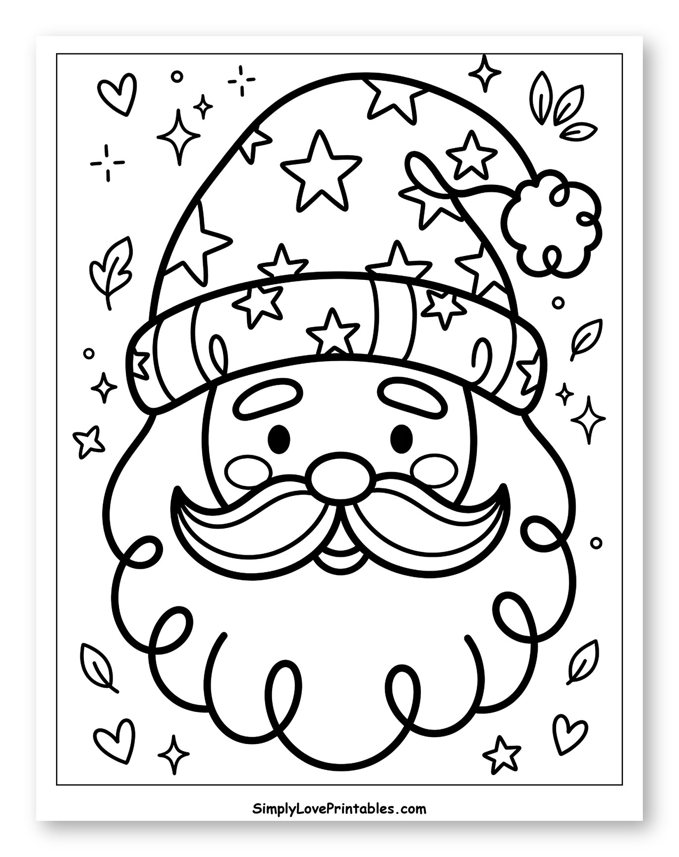Whimsical Santa Claus Face with Starry Hat Coloring Sheet for Adults