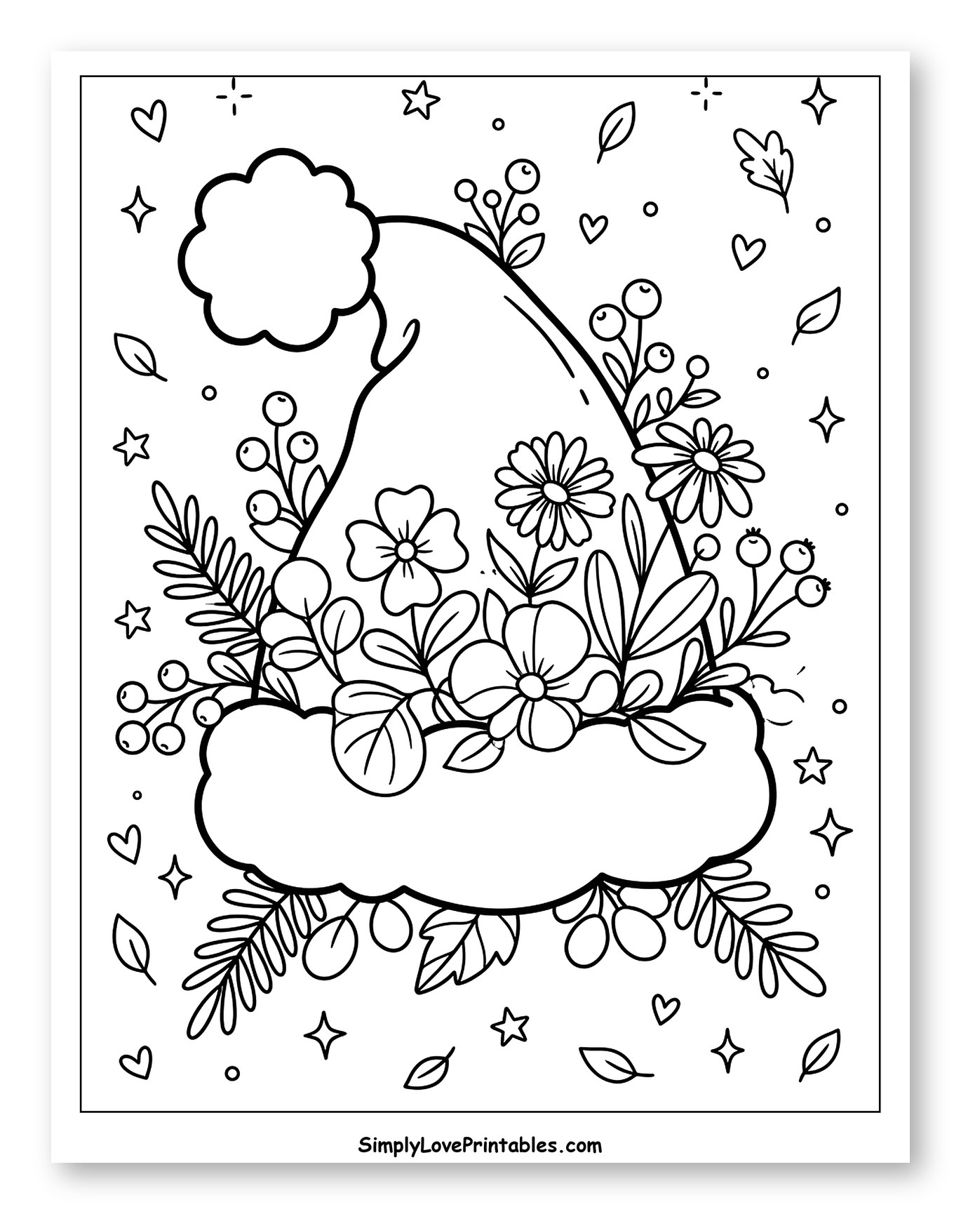 Whimsical Santa Hat Adorned with Festive Flowers Coloring Sheet for Adults