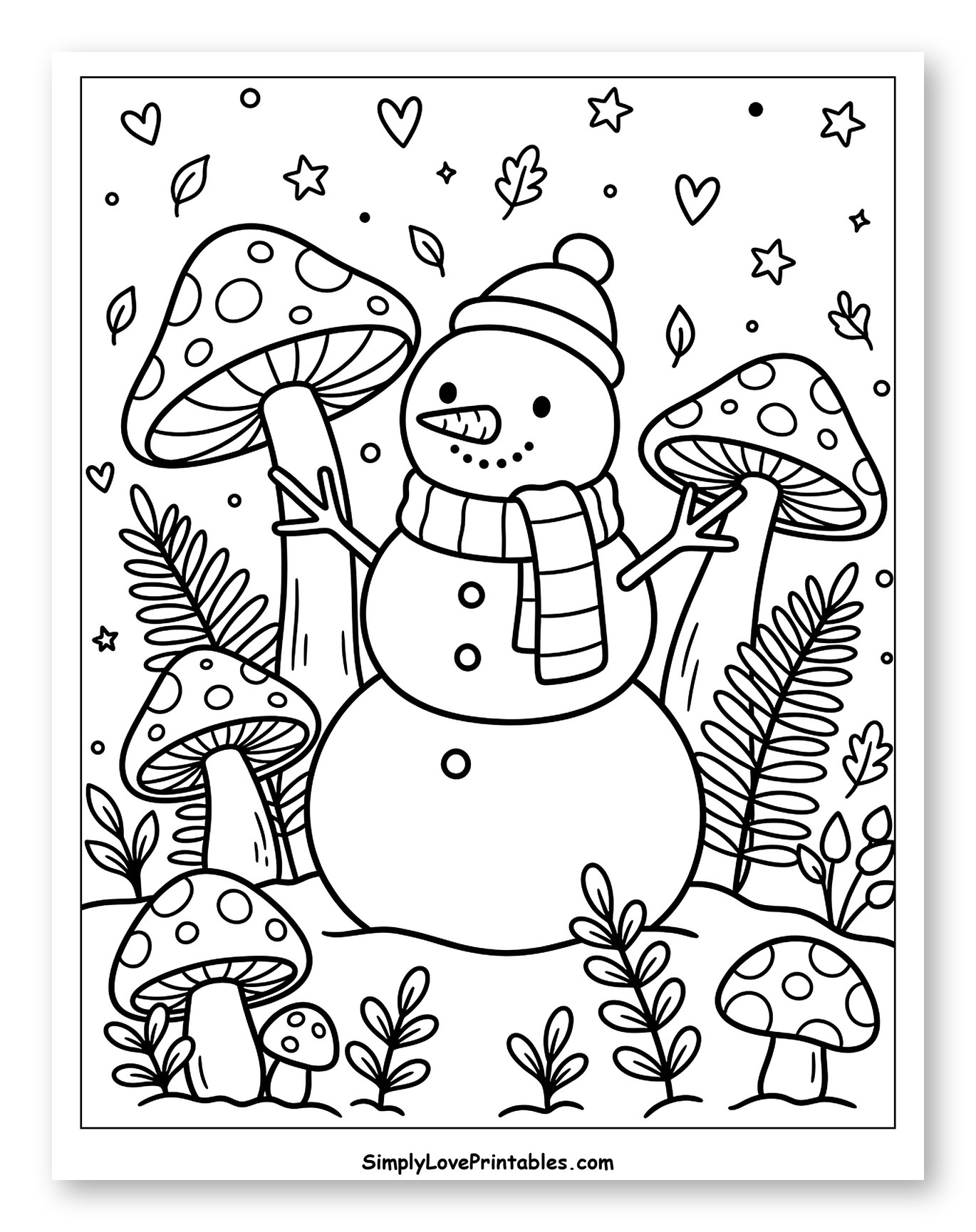 Whimsical Snowman Standing Among Giant Mushrooms