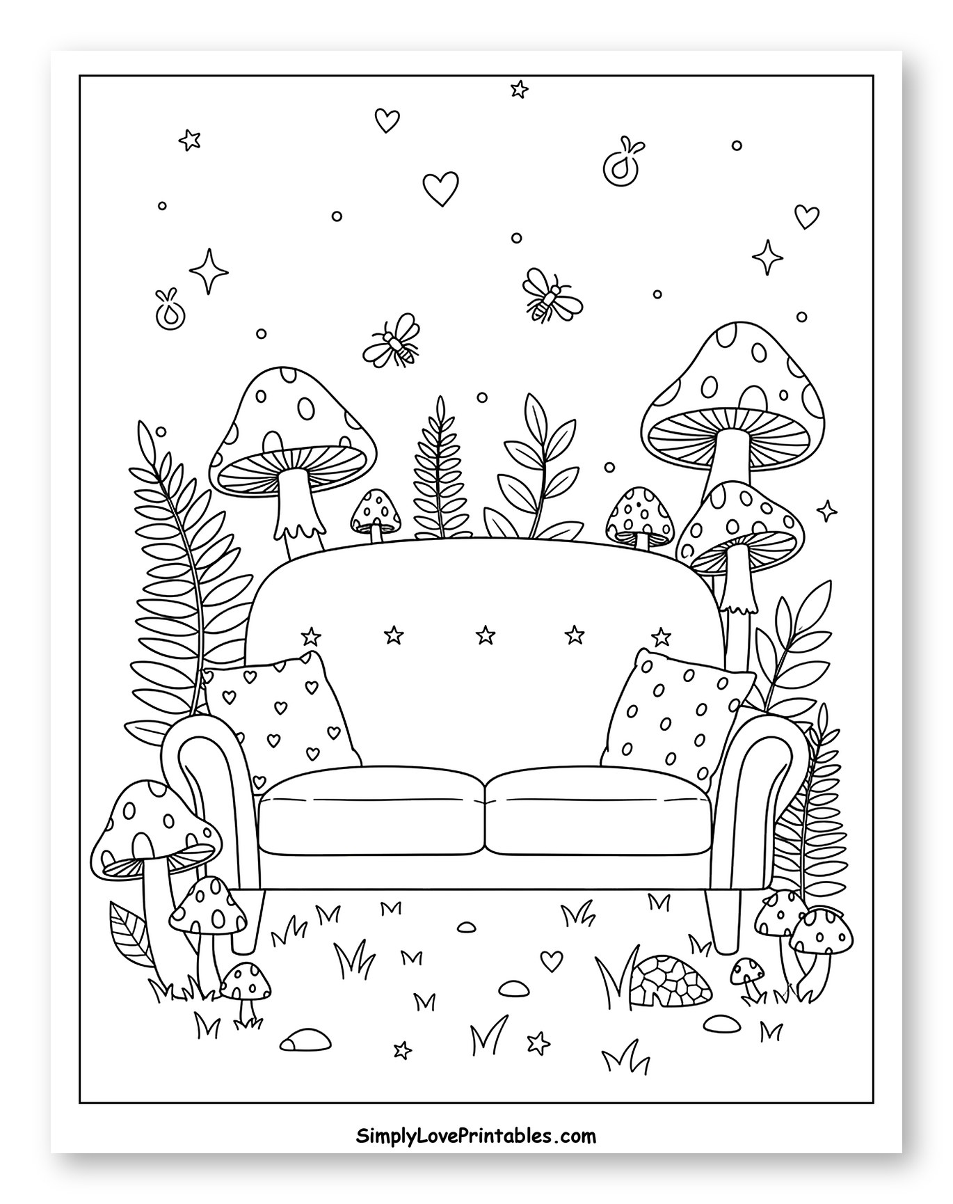 Whimsical Sofa in a Mushroom Forest Coloring Page for Adults